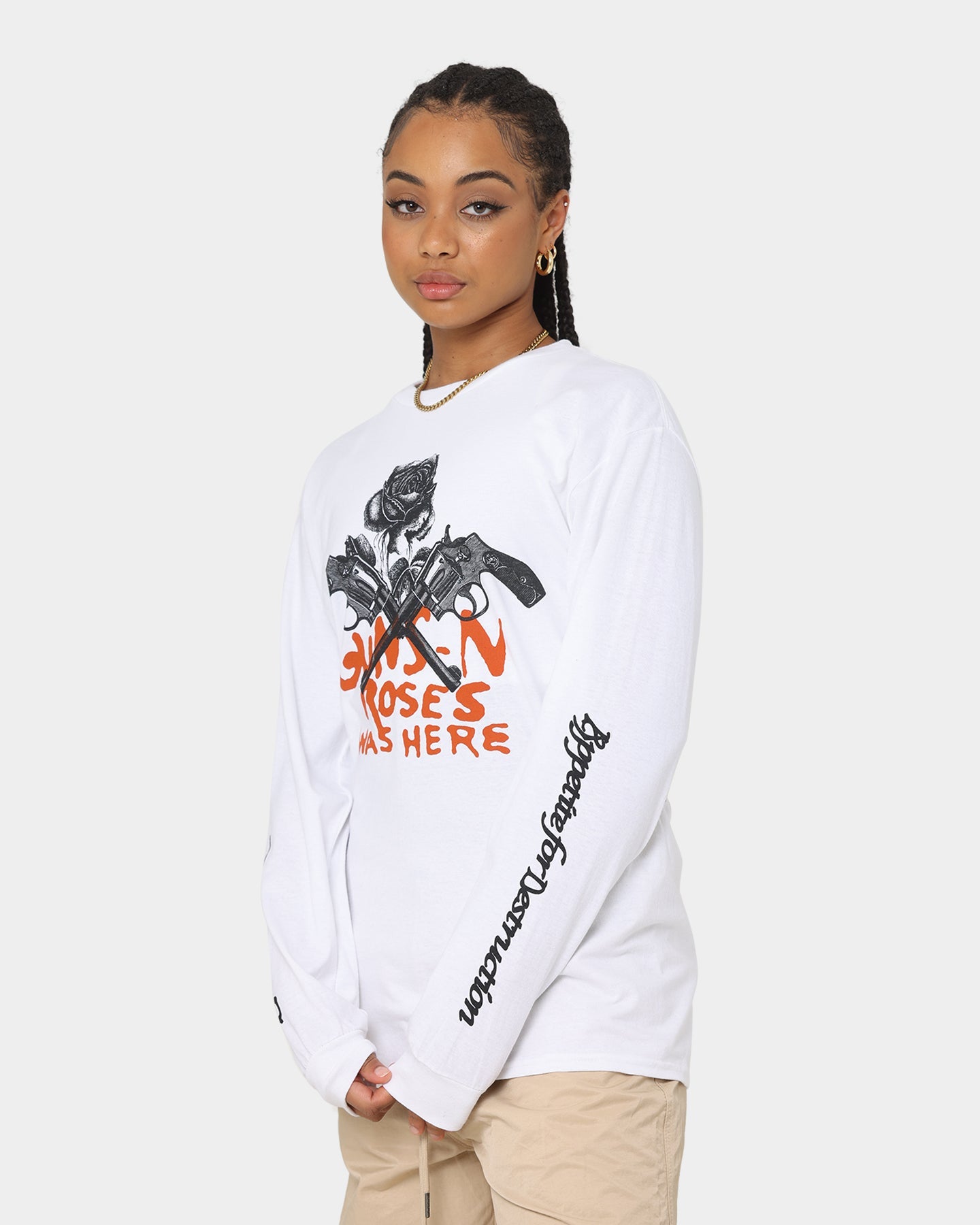 Guns n Roses Pistol Track Long Sleeve T-Shirt White Style001