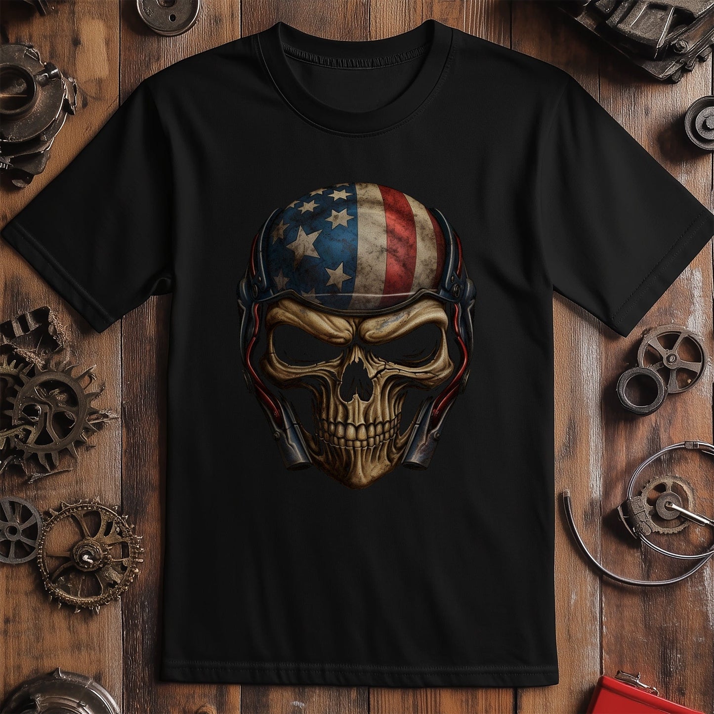 Biker Skull USA Flag T-shirt - Ride