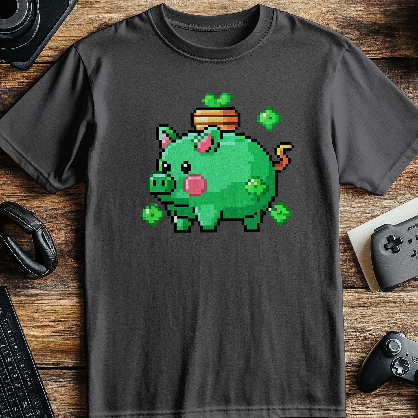 Pixel 52 T-shirt  Funny Green Pig with Shamrocks