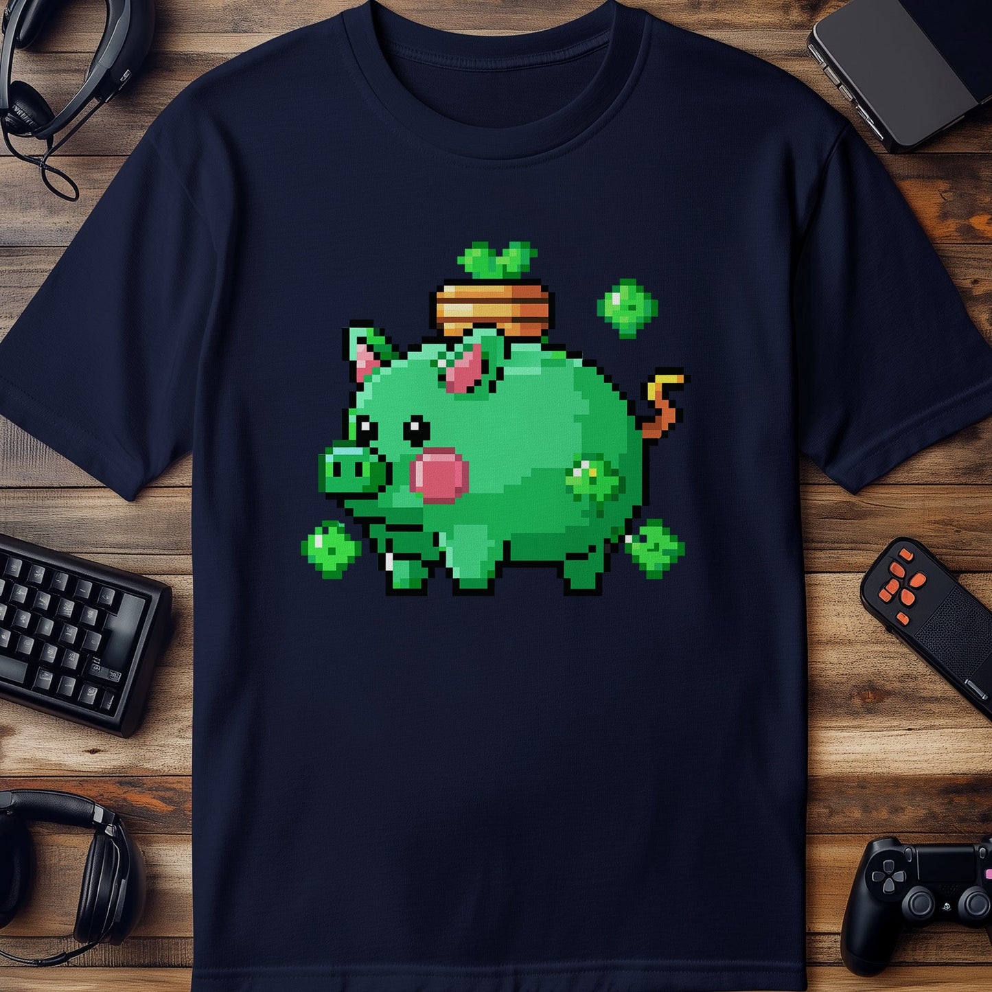 Pixel 52 T-shirt  Funny Green Pig with Shamrocks
