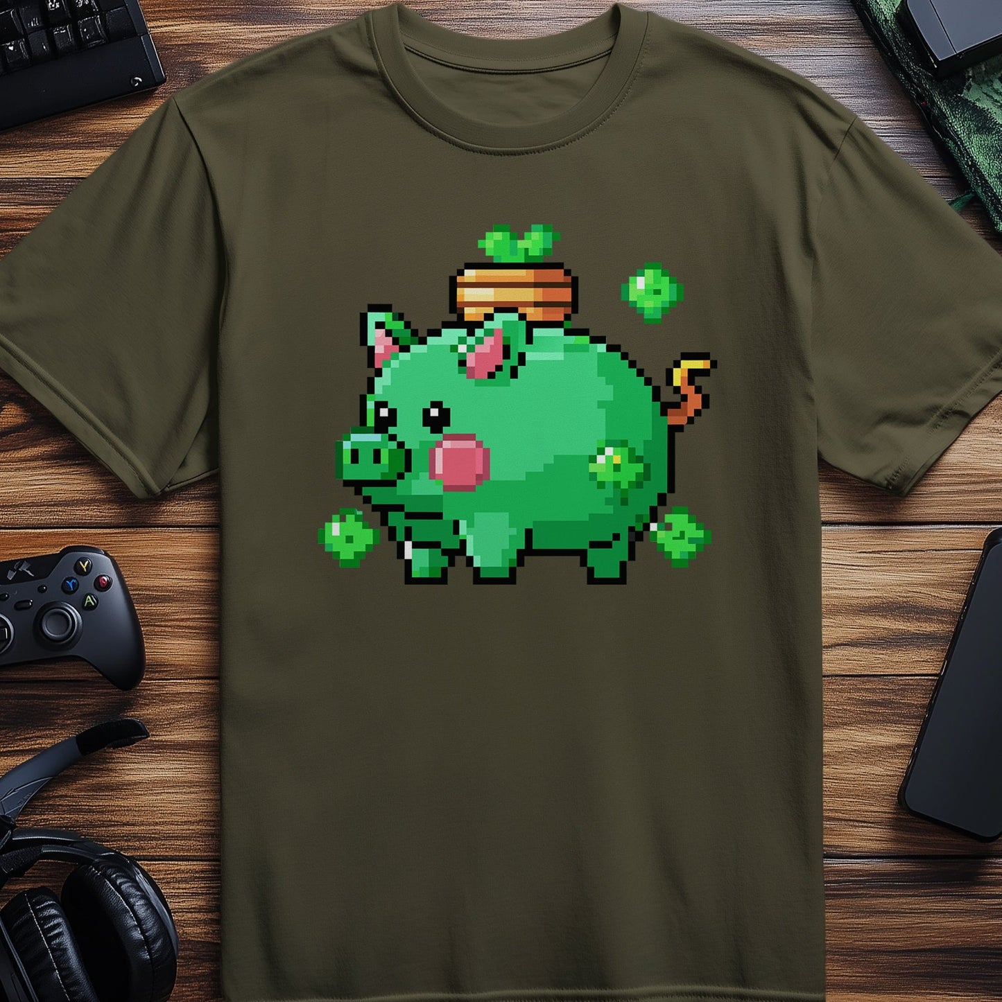 Pixel 52 T-shirt  Funny Green Pig with Shamrocks