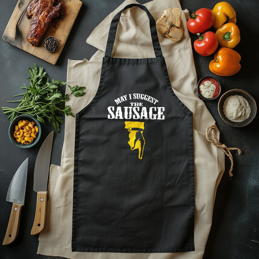 "May I Suggest the Sausage Classic" T-Shirt - Hilarious Meat-loving Fun! 100% Cotton, Unisex Design. Perfect for Grill Masters and Sausage Enthusiasts!