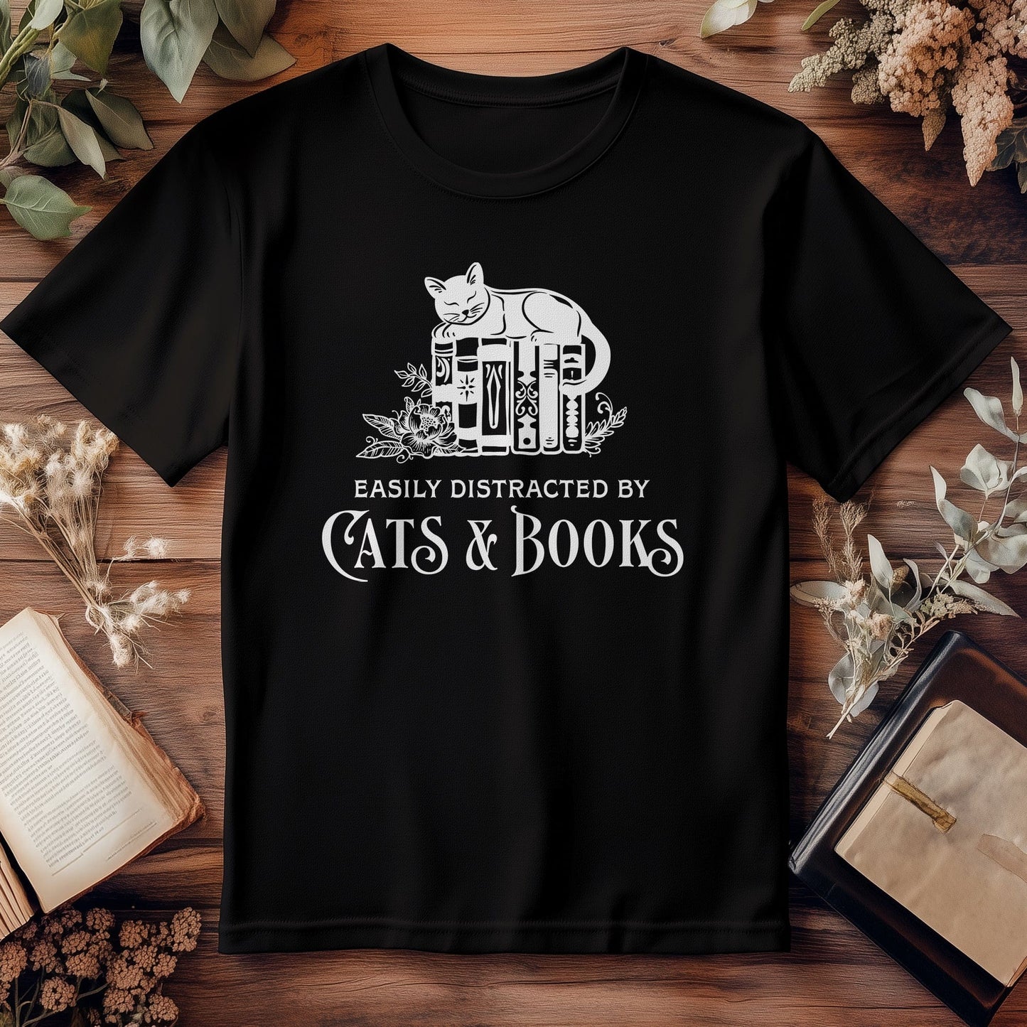 Easily Distracted by Cats & Books T-Shirt