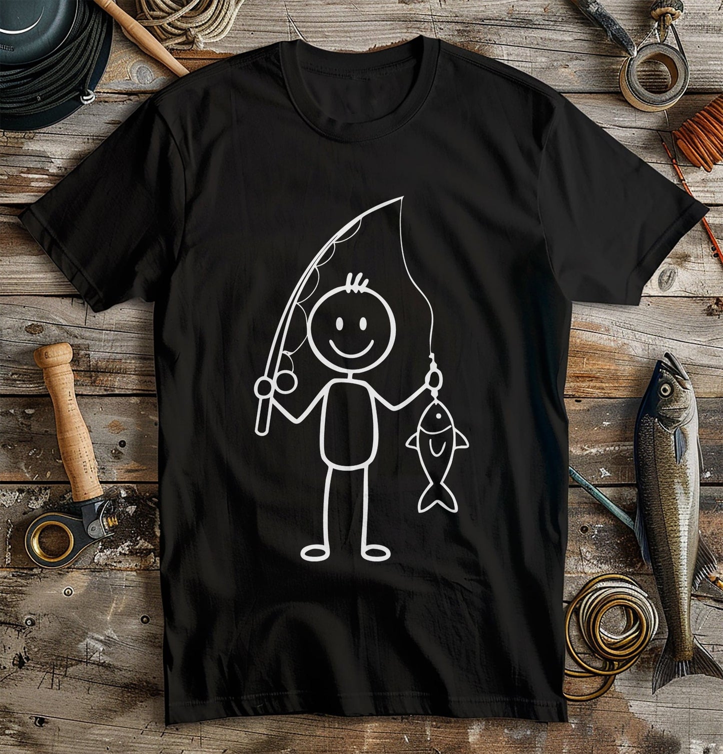 Happy Fisherman Stick Man T-Shirt