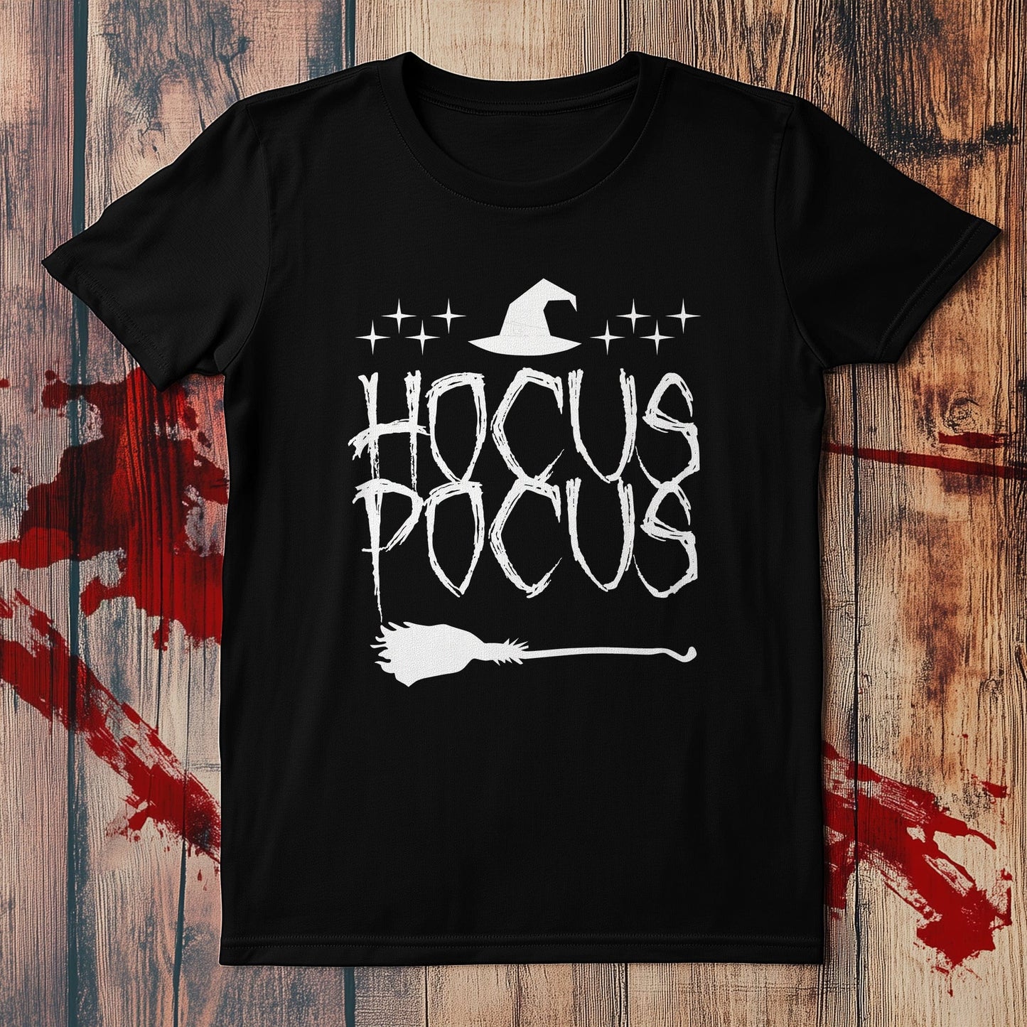 Hocus Pocus Text With Broom T-Shirt -