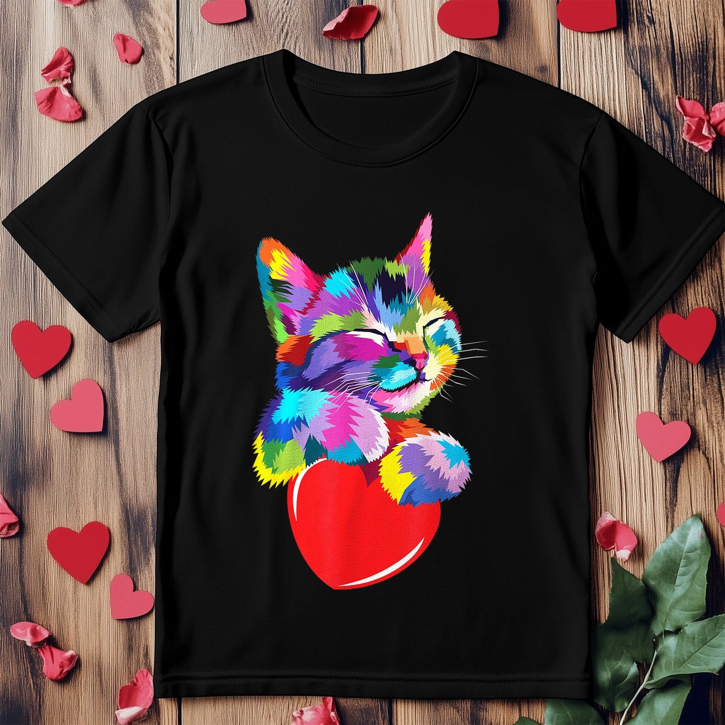 Rainbow Cute Cat Hugging Heart T-shirt