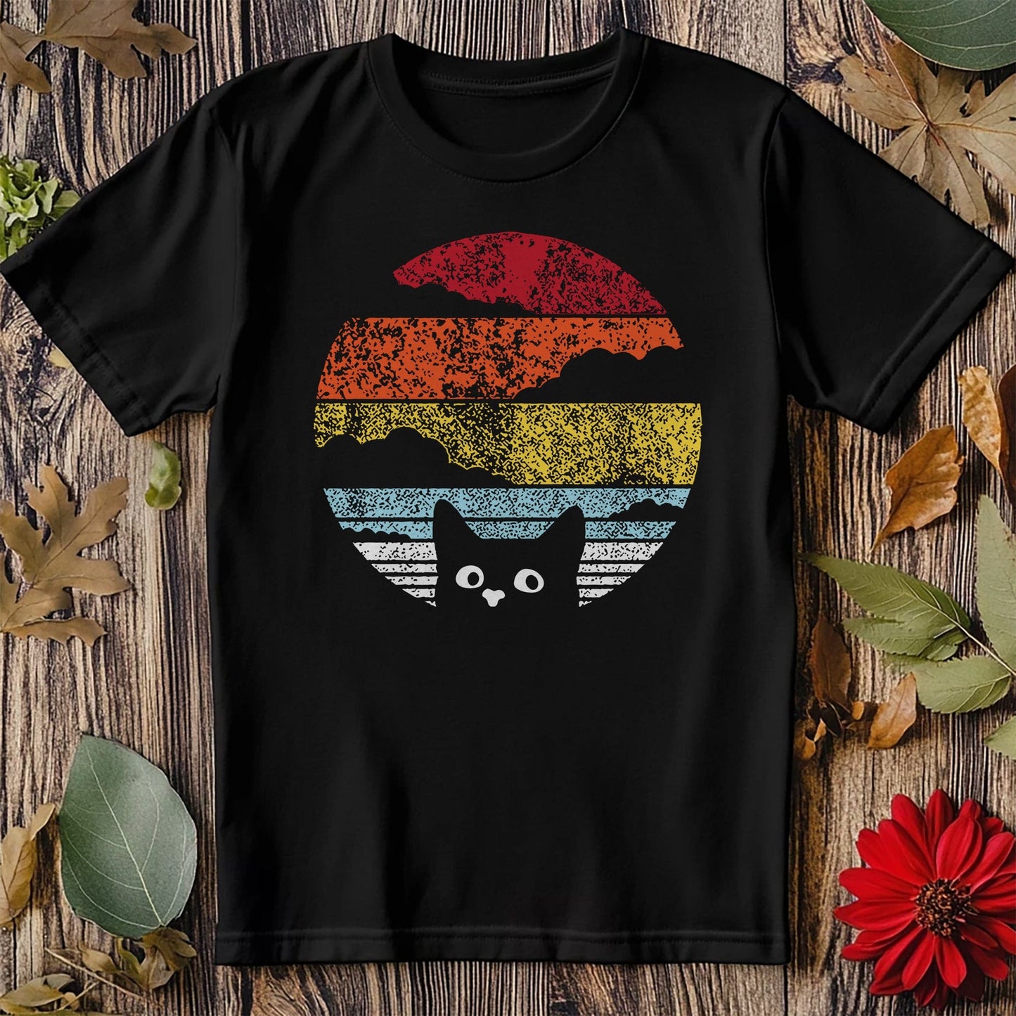 Black Cat Sunset Retro T-Shirt