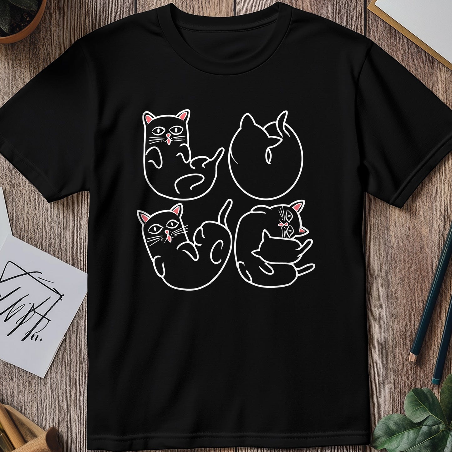 4 Cat Curling for Black T-Shirt