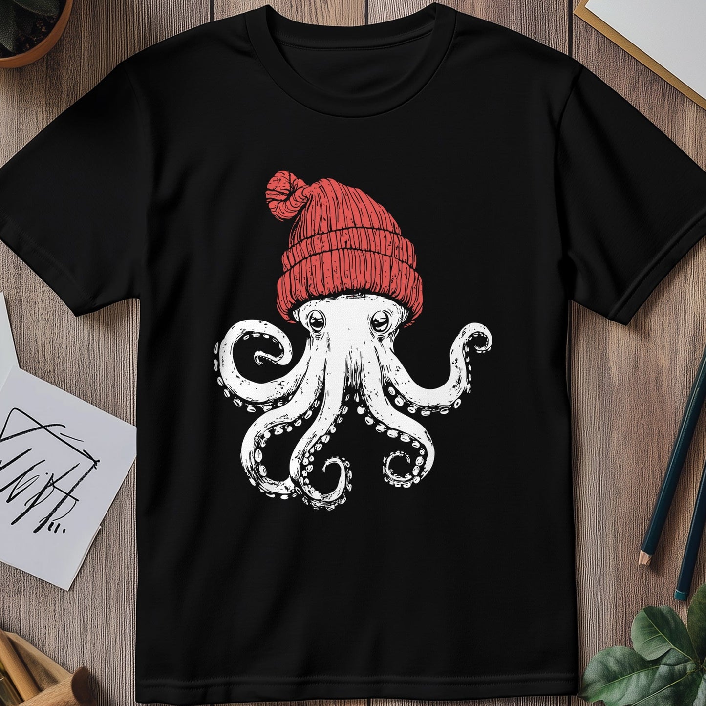 Octopus in a Red Beanie t-shirt