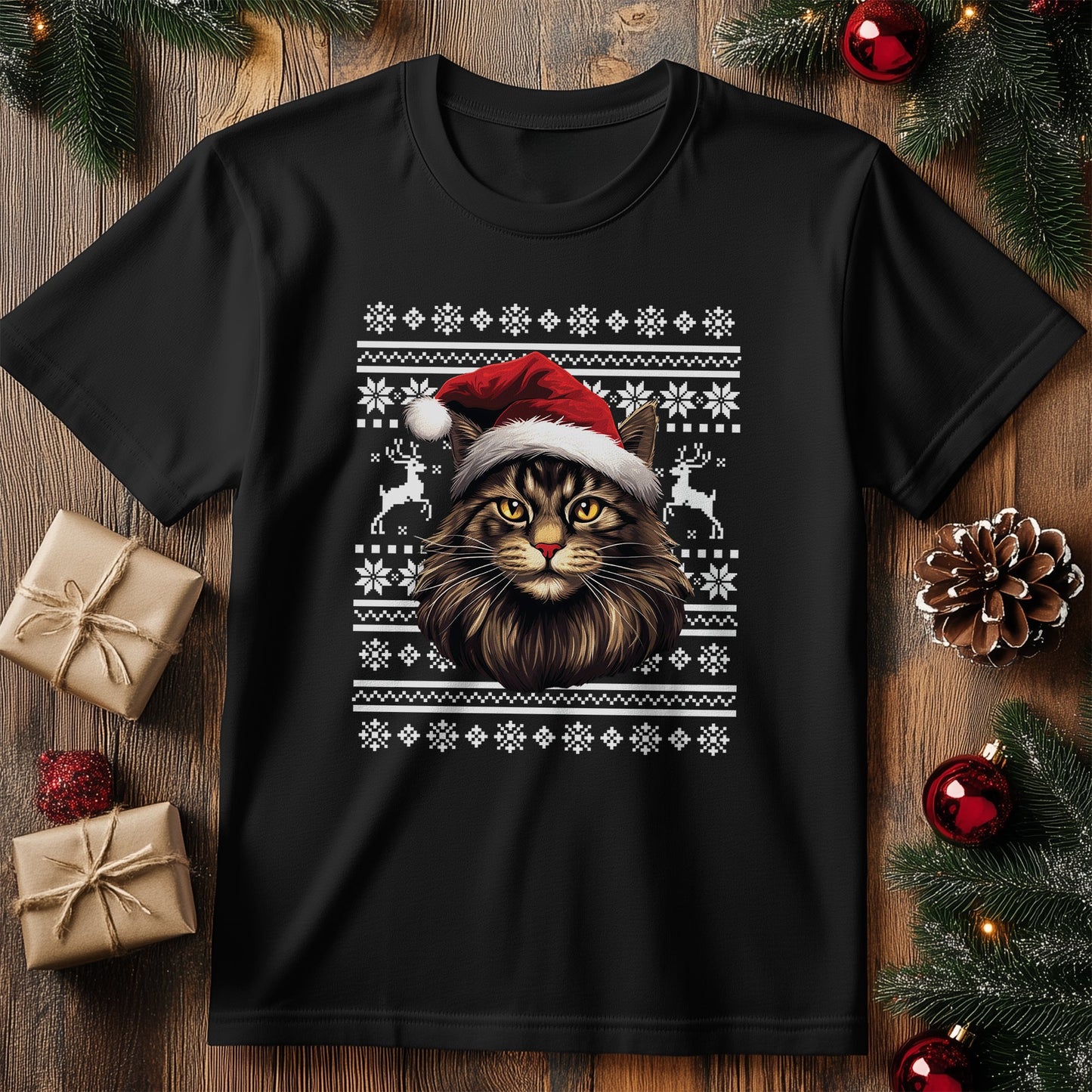 Maine Coon Cat in Santa Hat T-Shirt