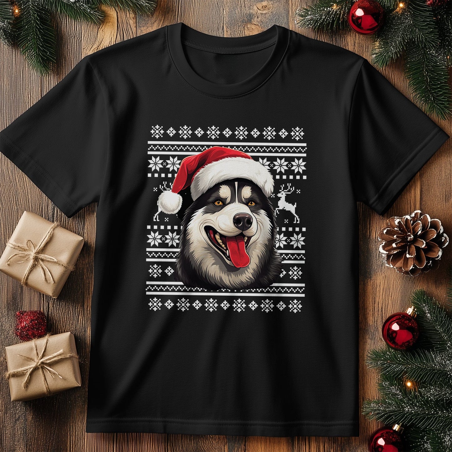 Husky Dog in Santa Hat T-Shirt -