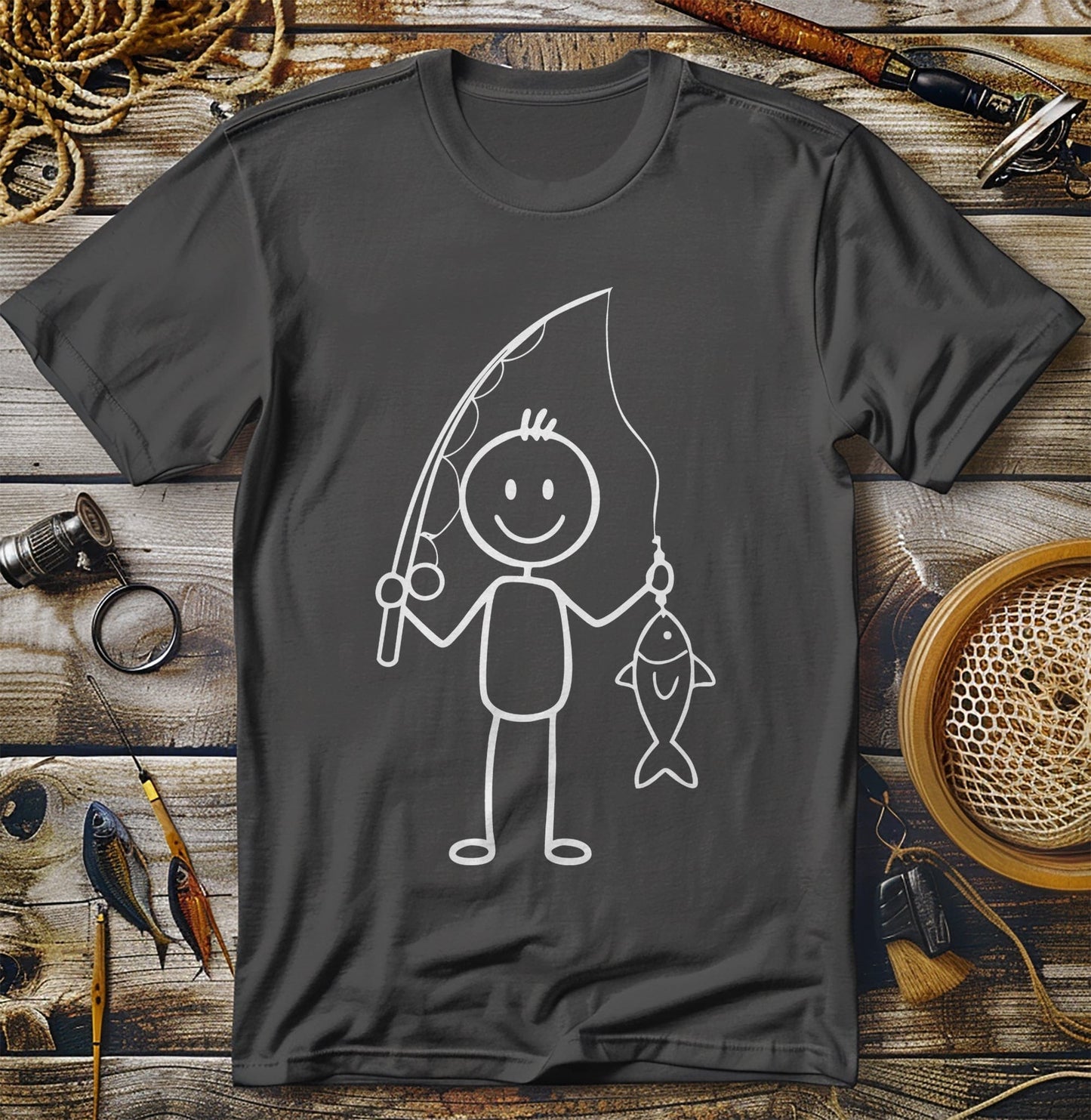 Happy Fisherman Stick Man T-Shirt