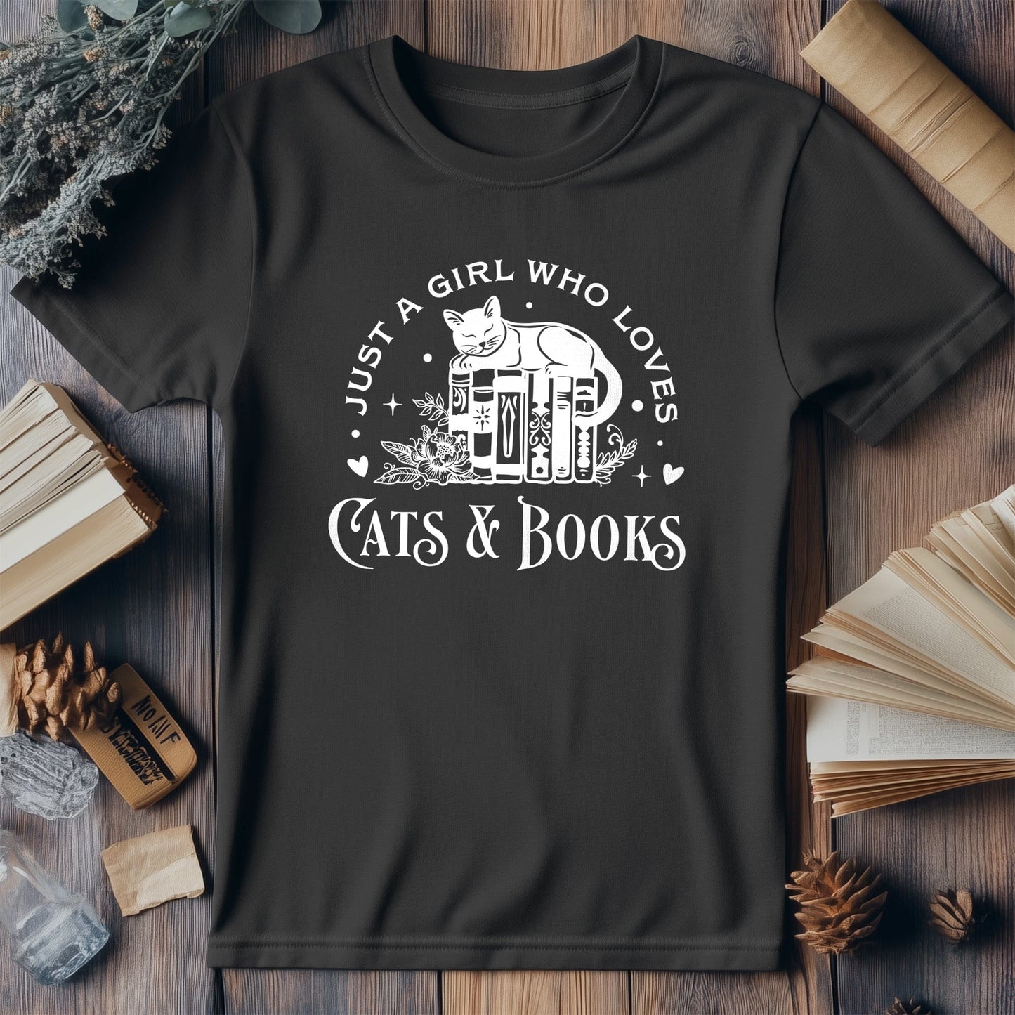 Just a Girl Who Whiskers, Cats & Books T-Shirt