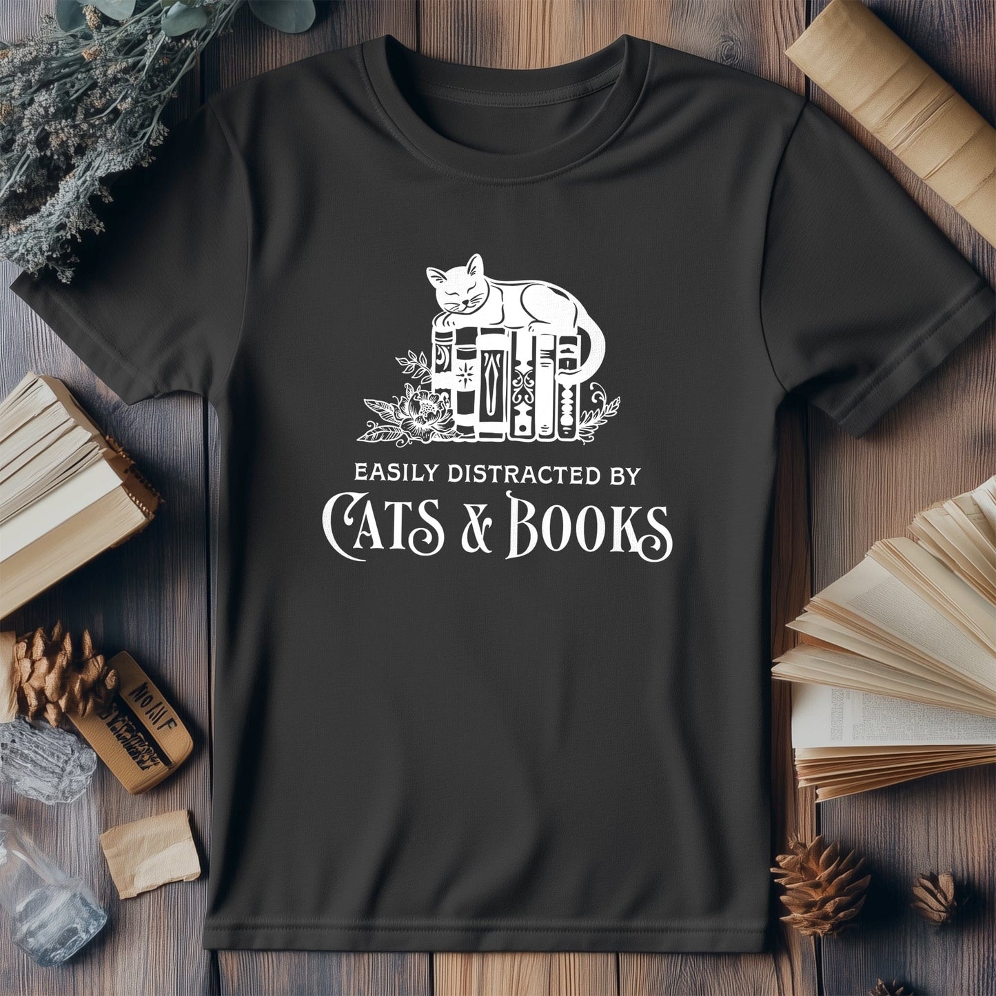 Easily Distracted by Cats & Books T-Shirt