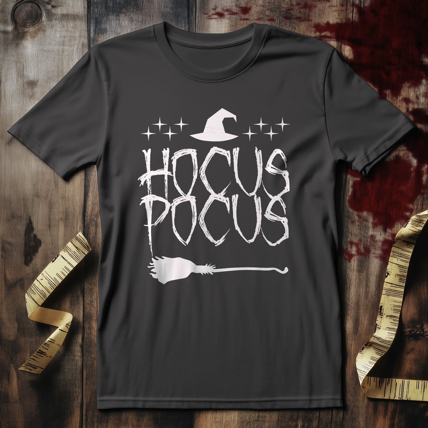 Hocus Pocus Text With Broom T-Shirt -