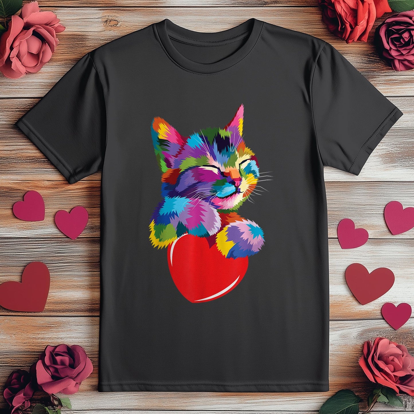 Rainbow Cute Cat Hugging Heart T-shirt