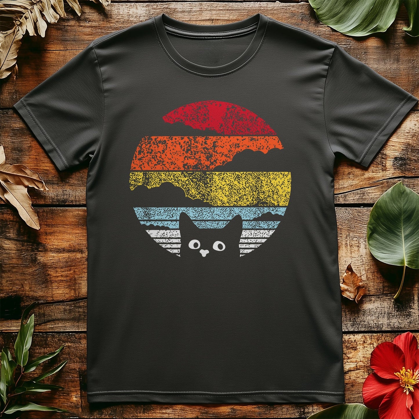 Black Cat Sunset Retro T-Shirt