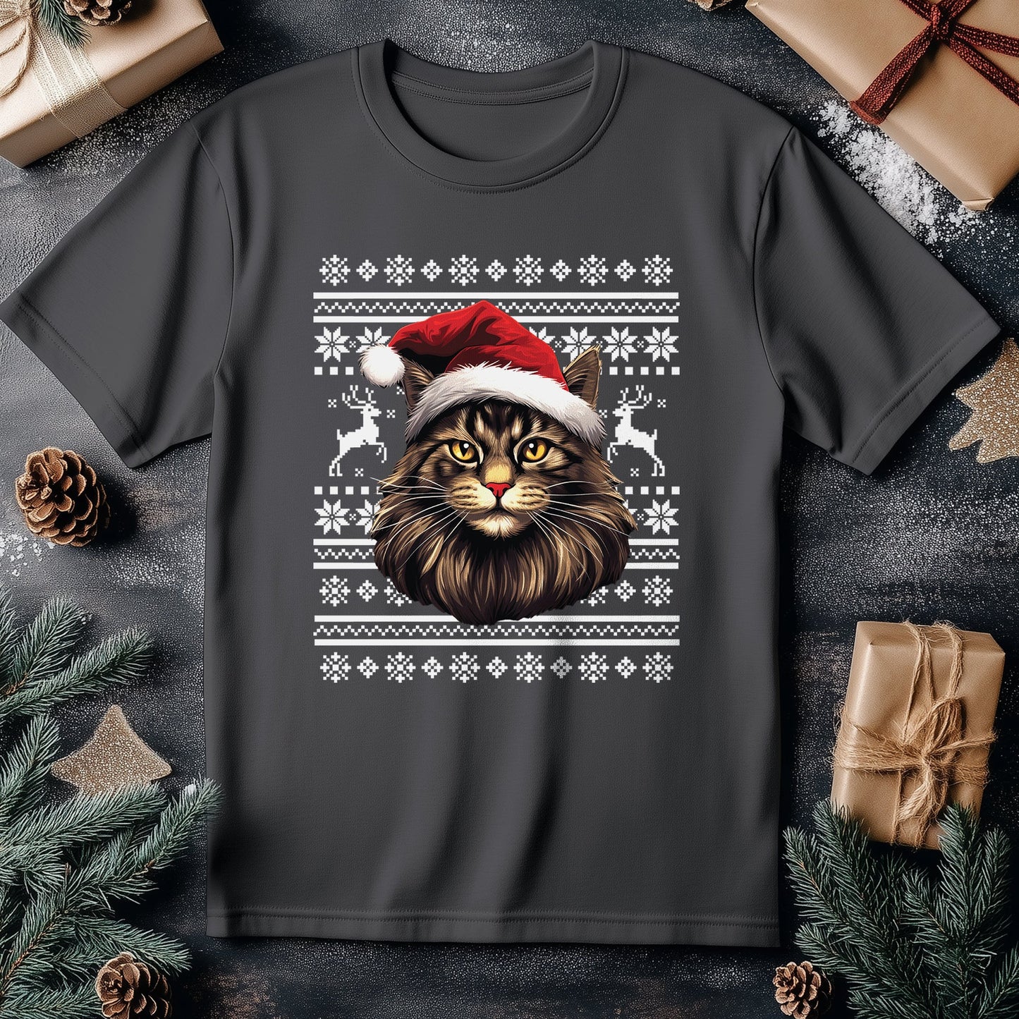 Maine Coon Cat in Santa Hat T-Shirt