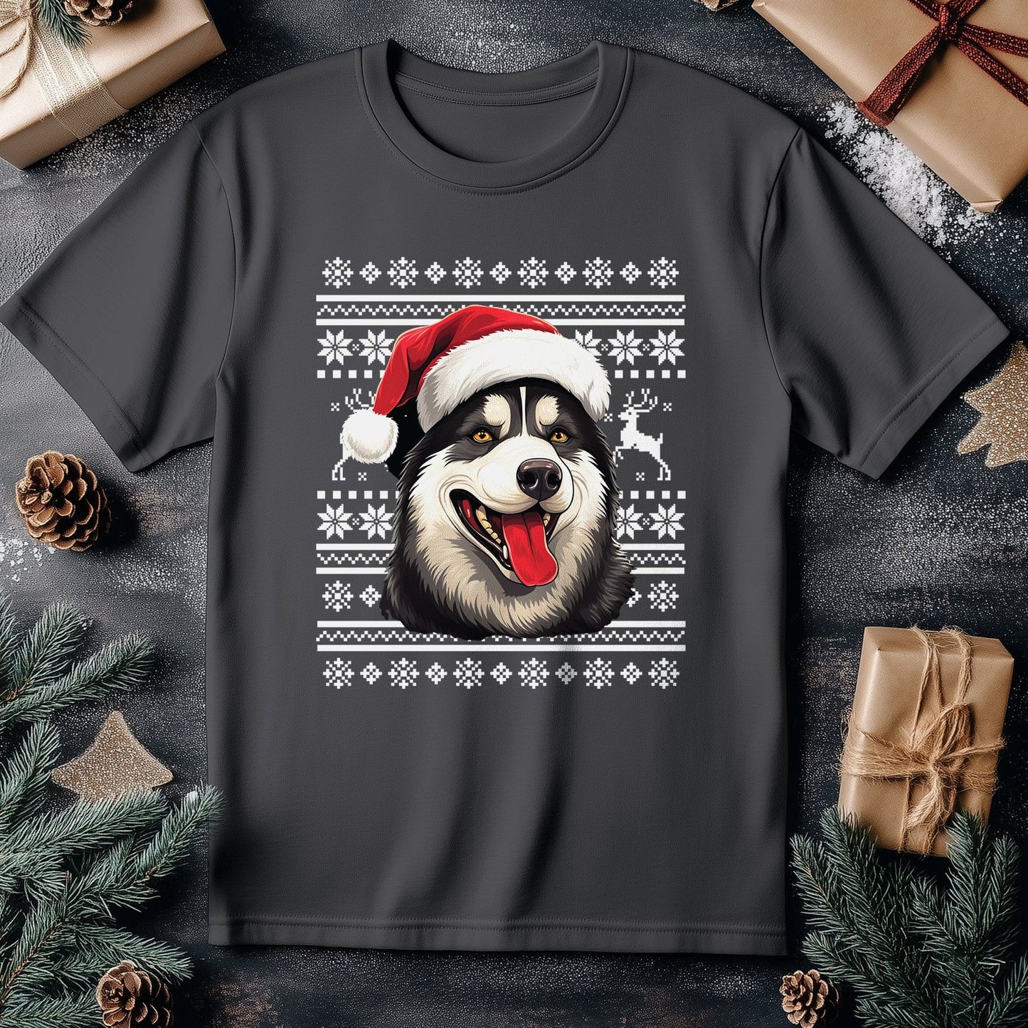 Husky Dog in Santa Hat T-Shirt -