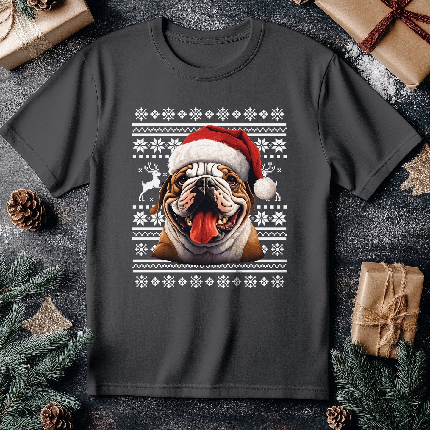 Bulldog Santa Hat T-Shirt - Holiday