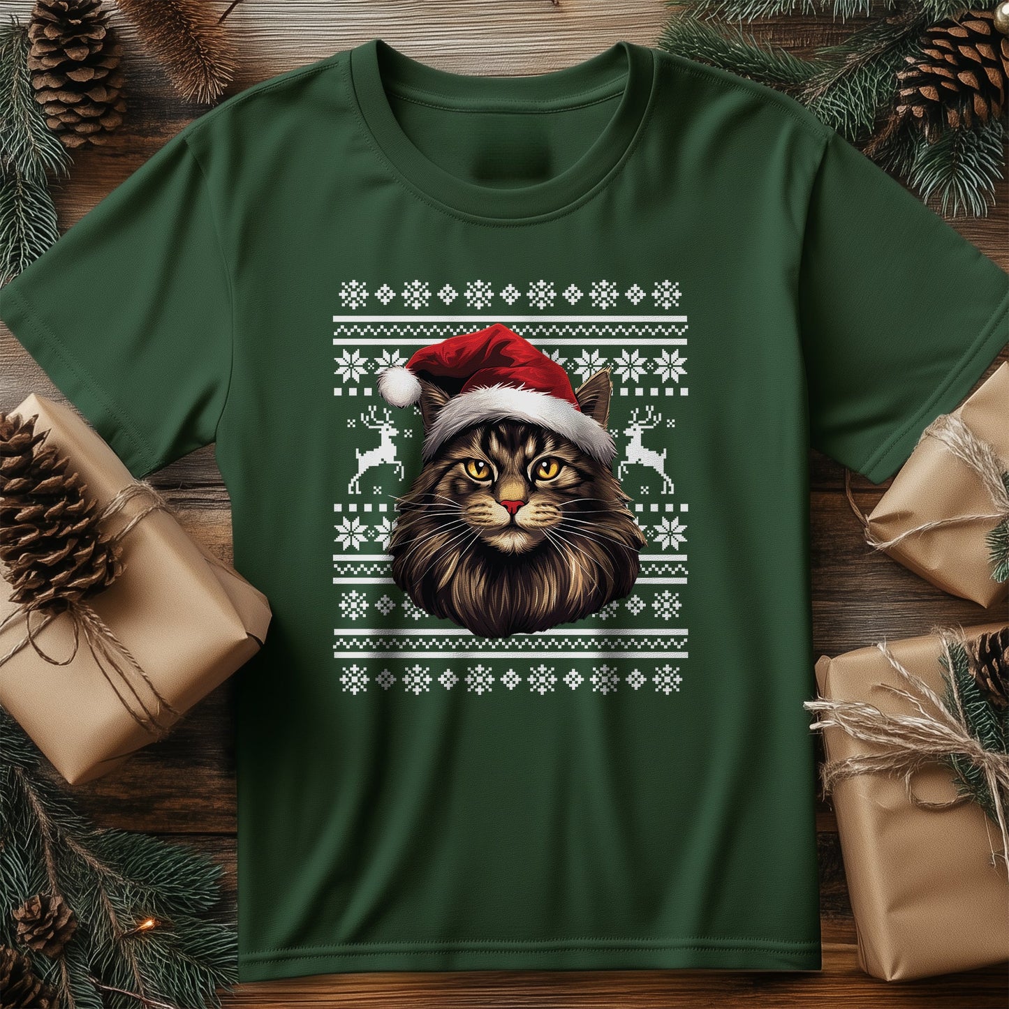Maine Coon Cat in Santa Hat T-Shirt