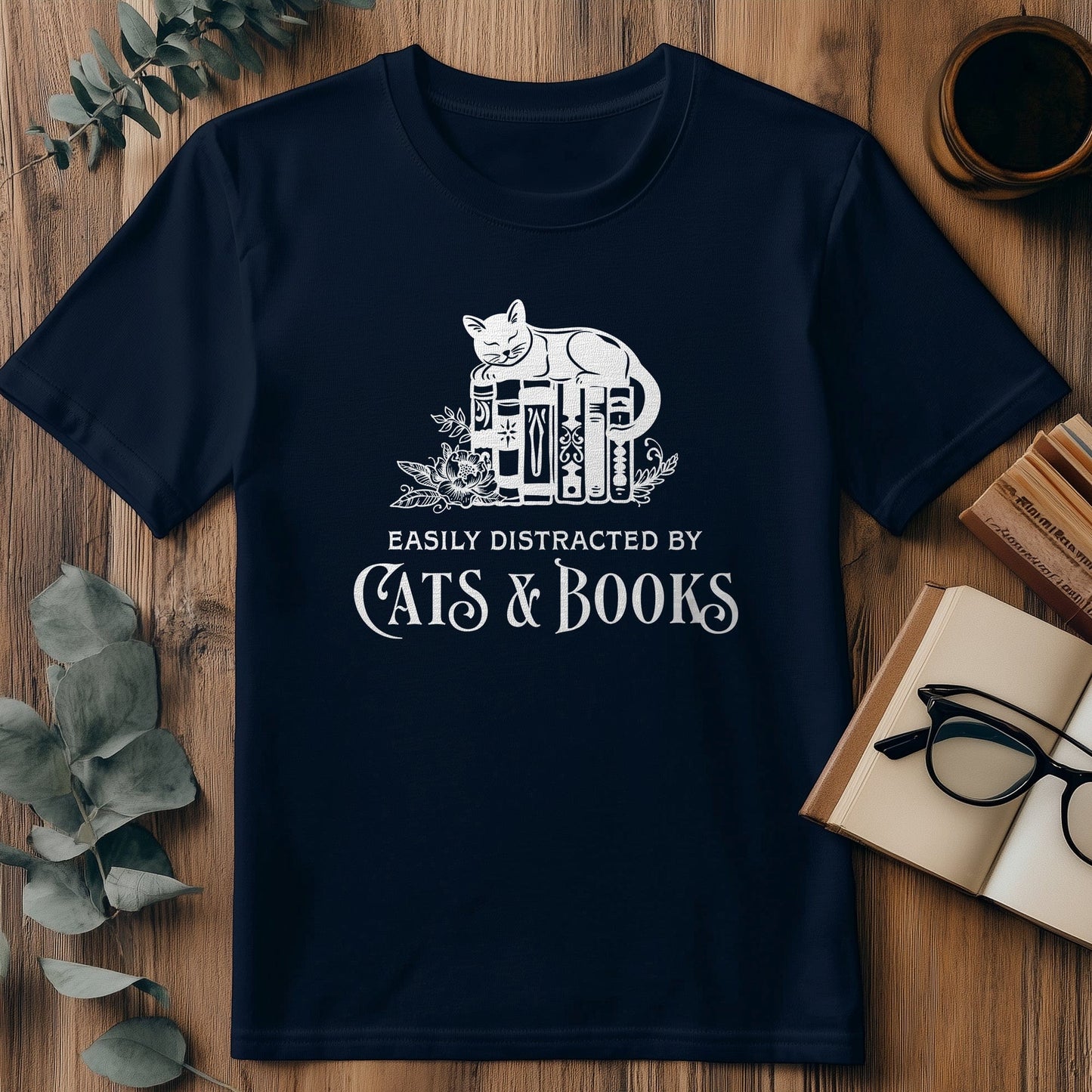 Easily Distracted by Cats & Books T-Shirt
