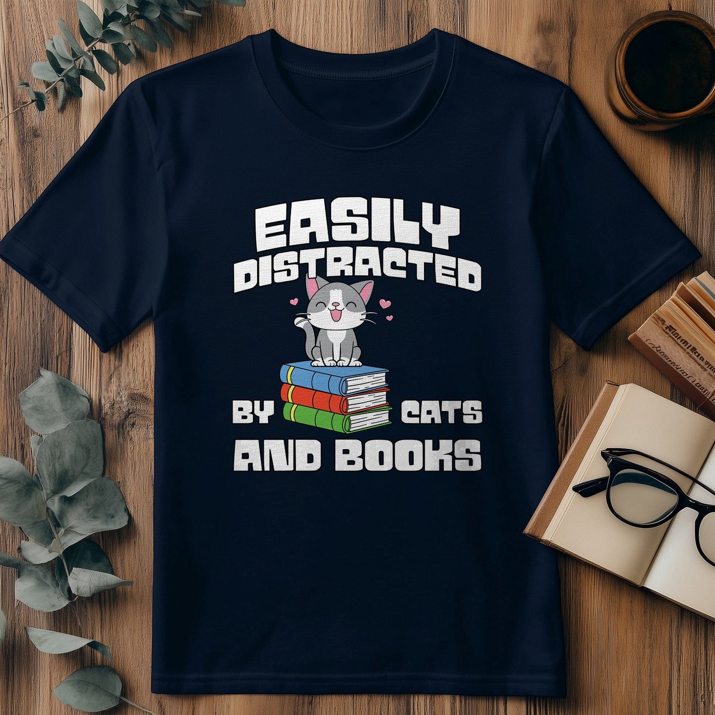 Distracted by Cats & Reading T-shirt