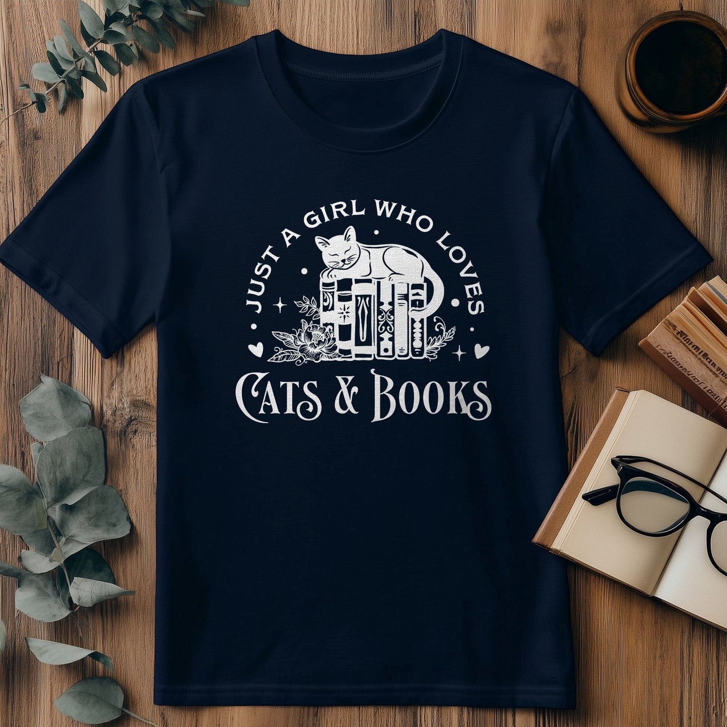 Just a Girl Who Whiskers, Cats & Books T-Shirt