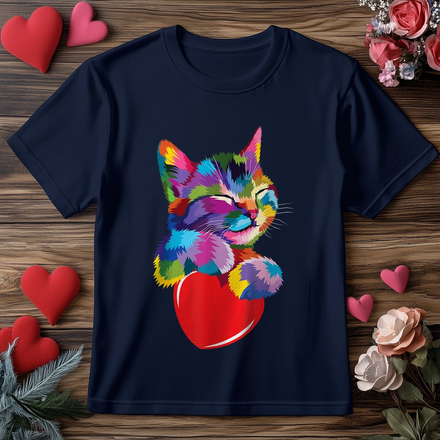 Rainbow Cute Cat Hugging Heart T-shirt