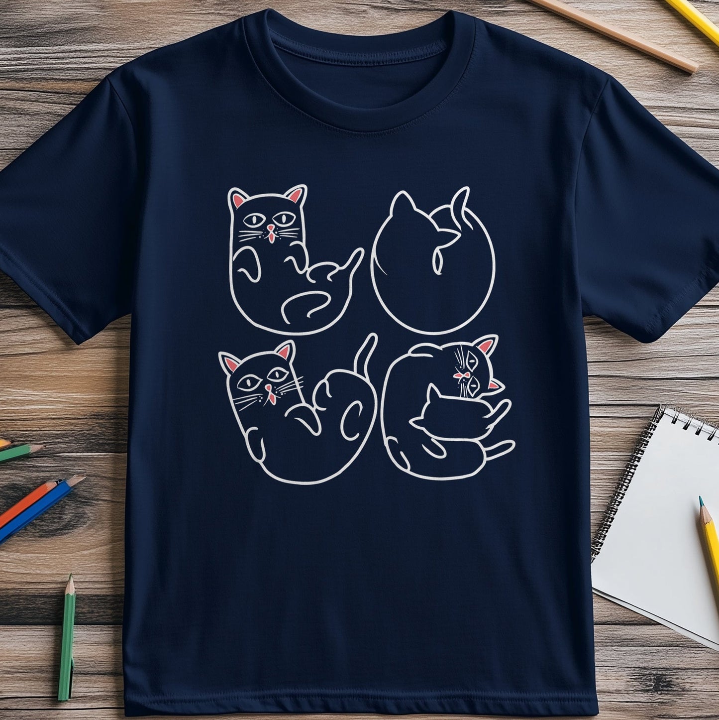 4 Cat Curling for Black T-Shirt