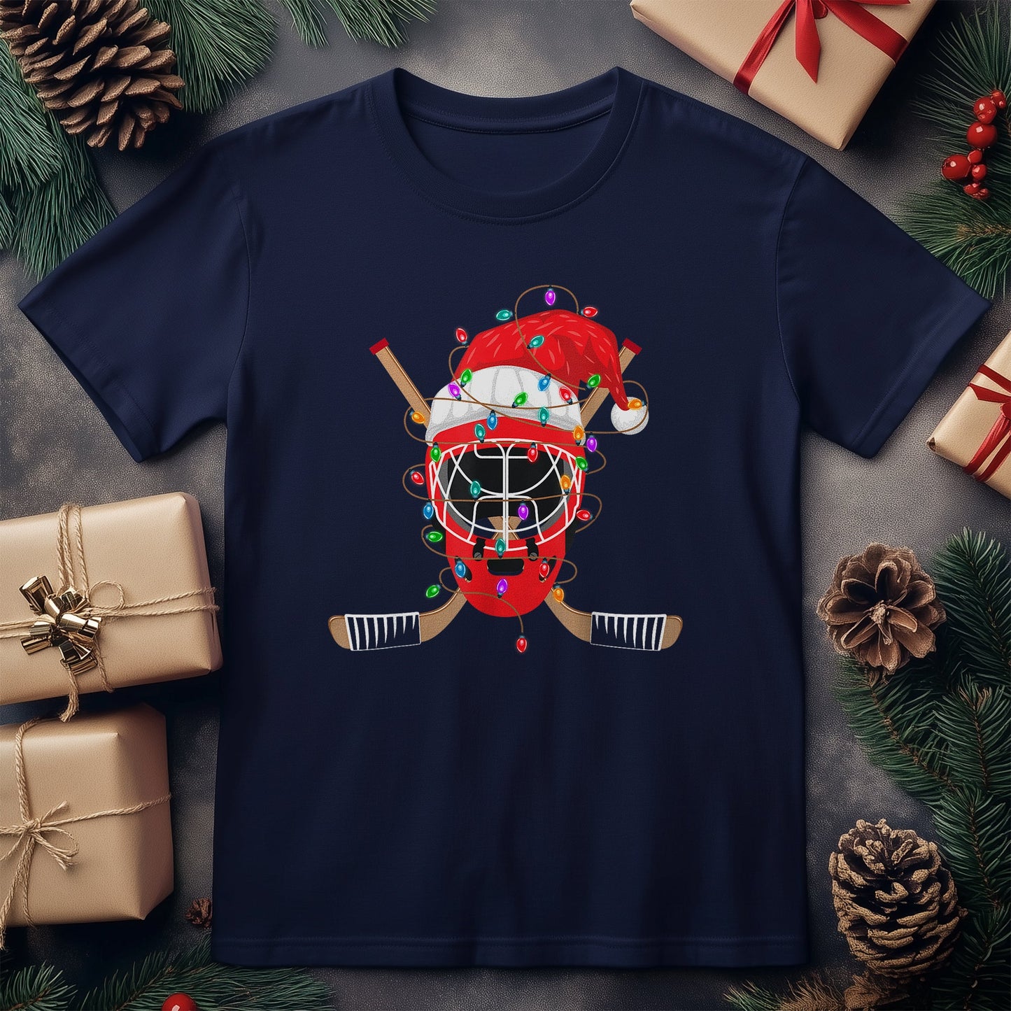 Santa Hat Hockey Player T-Shirt -
