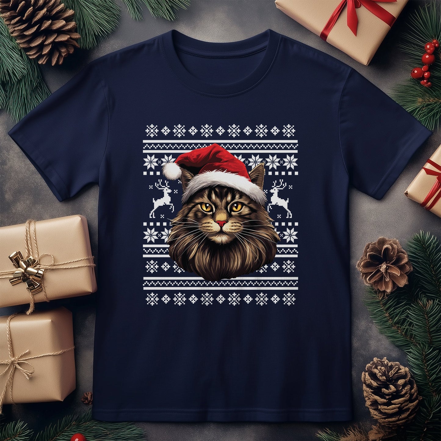 Maine Coon Cat in Santa Hat T-Shirt
