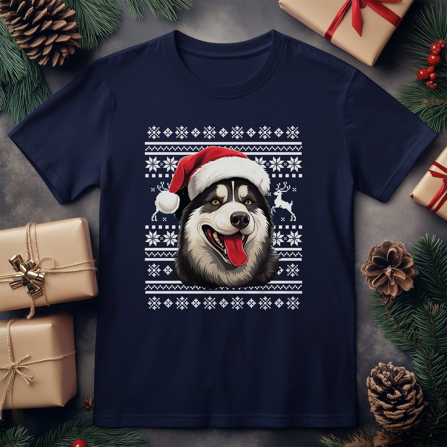 Husky Dog in Santa Hat T-Shirt -