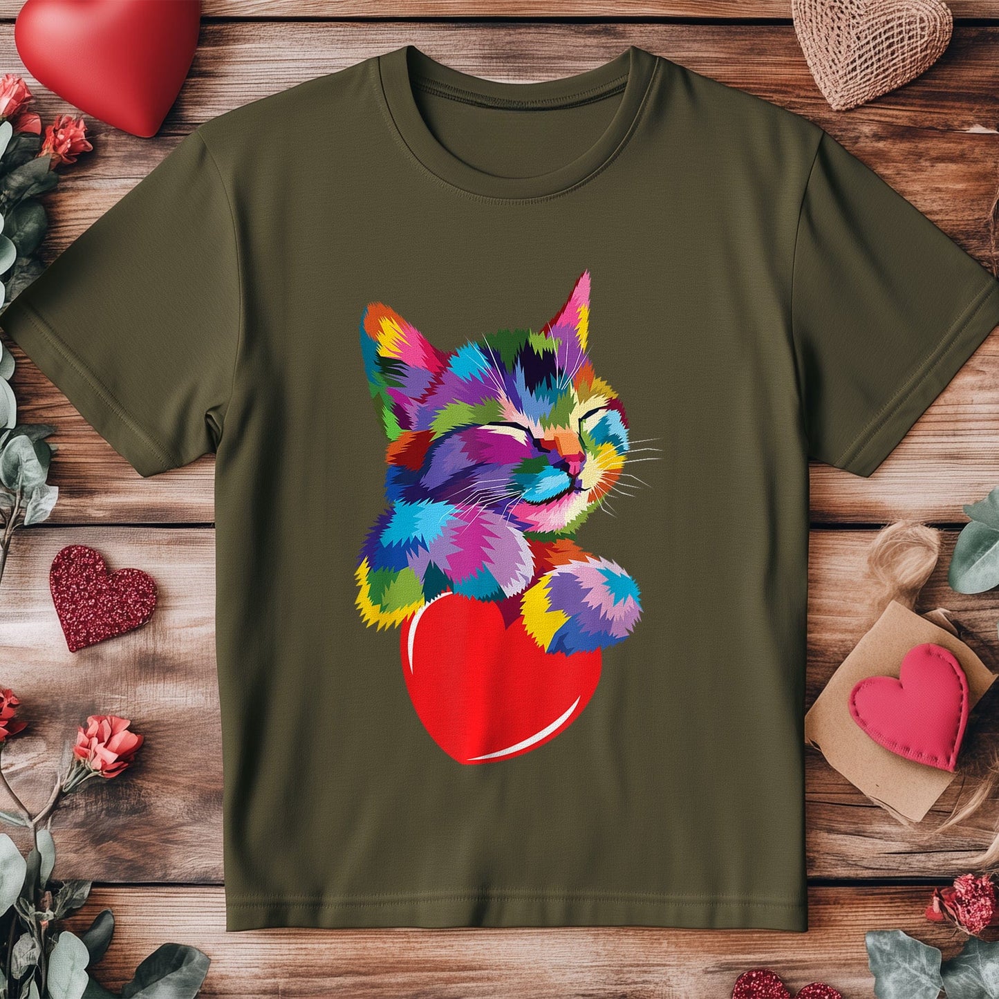 Rainbow Cute Cat Hugging Heart T-shirt
