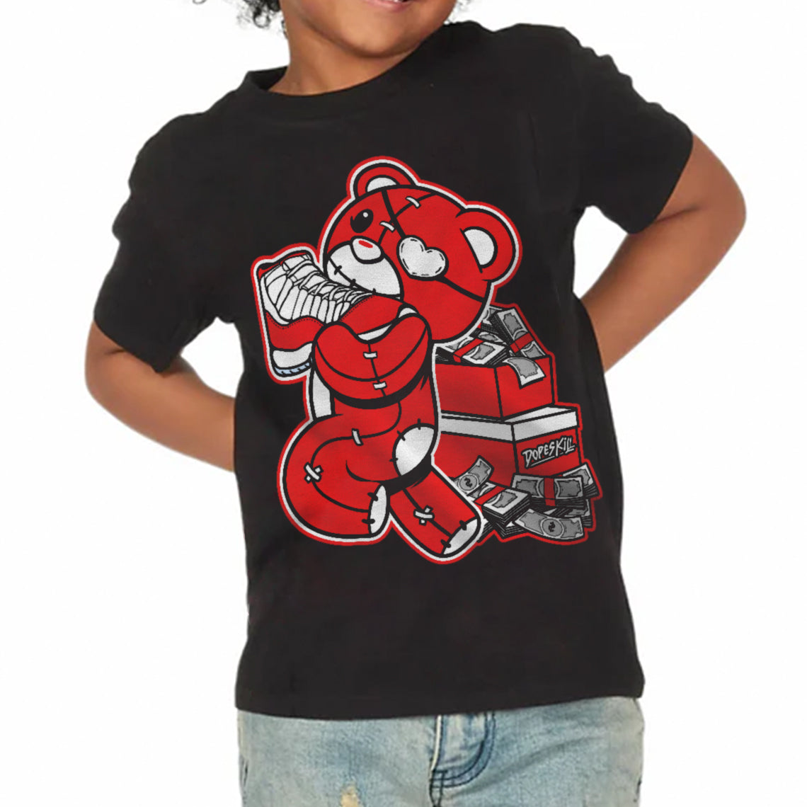 Cherry 11s DopeSkill Toddler Kids T-shirt Bear Steals Sneaker Graphic