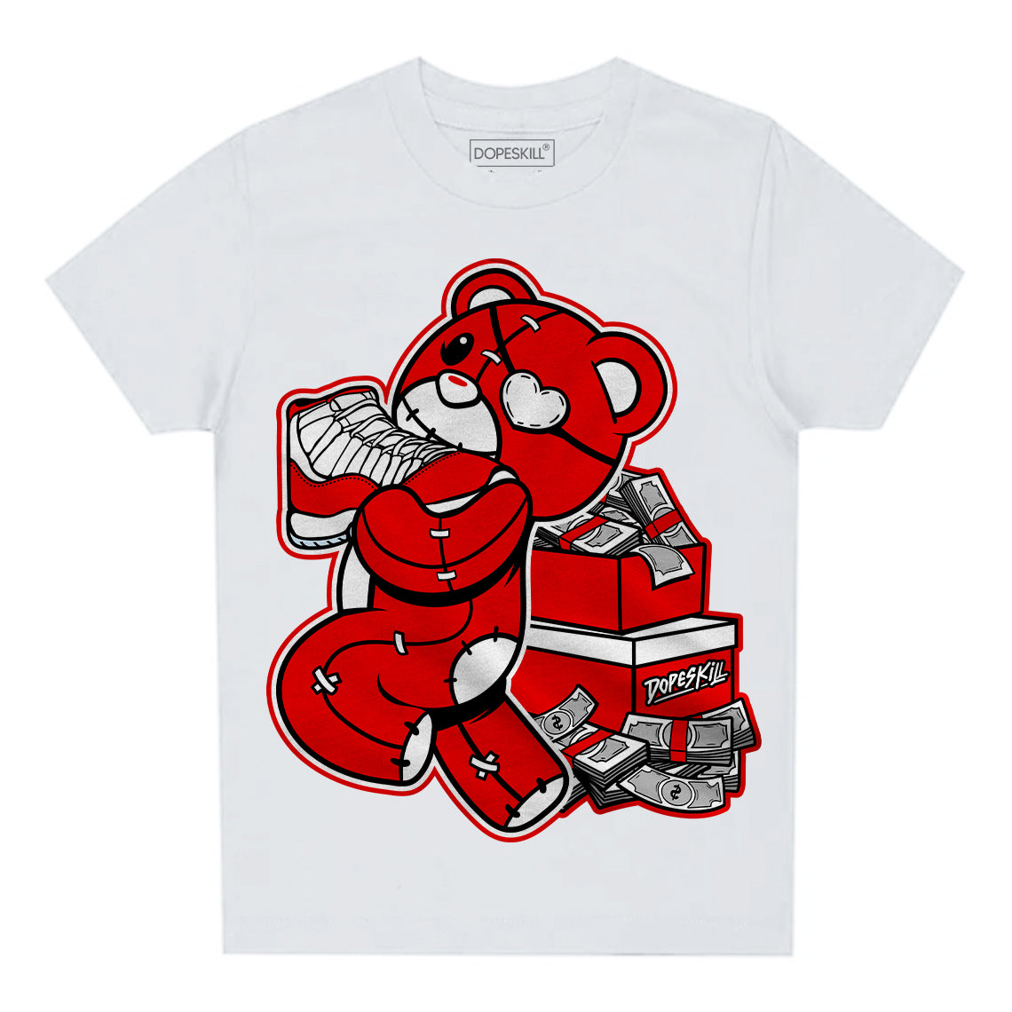 Cherry 11s DopeSkill Toddler Kids T-shirt Bear Steals Sneaker Graphic