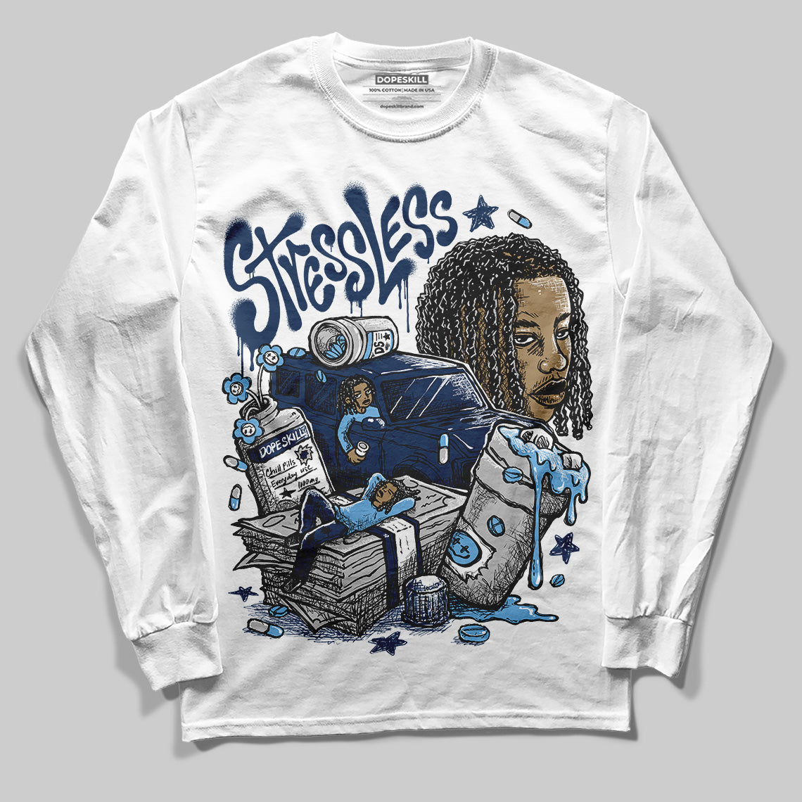 Summit White Navy 4s DopeSkill Long Sleeve T-Shirt Stressless Graphic