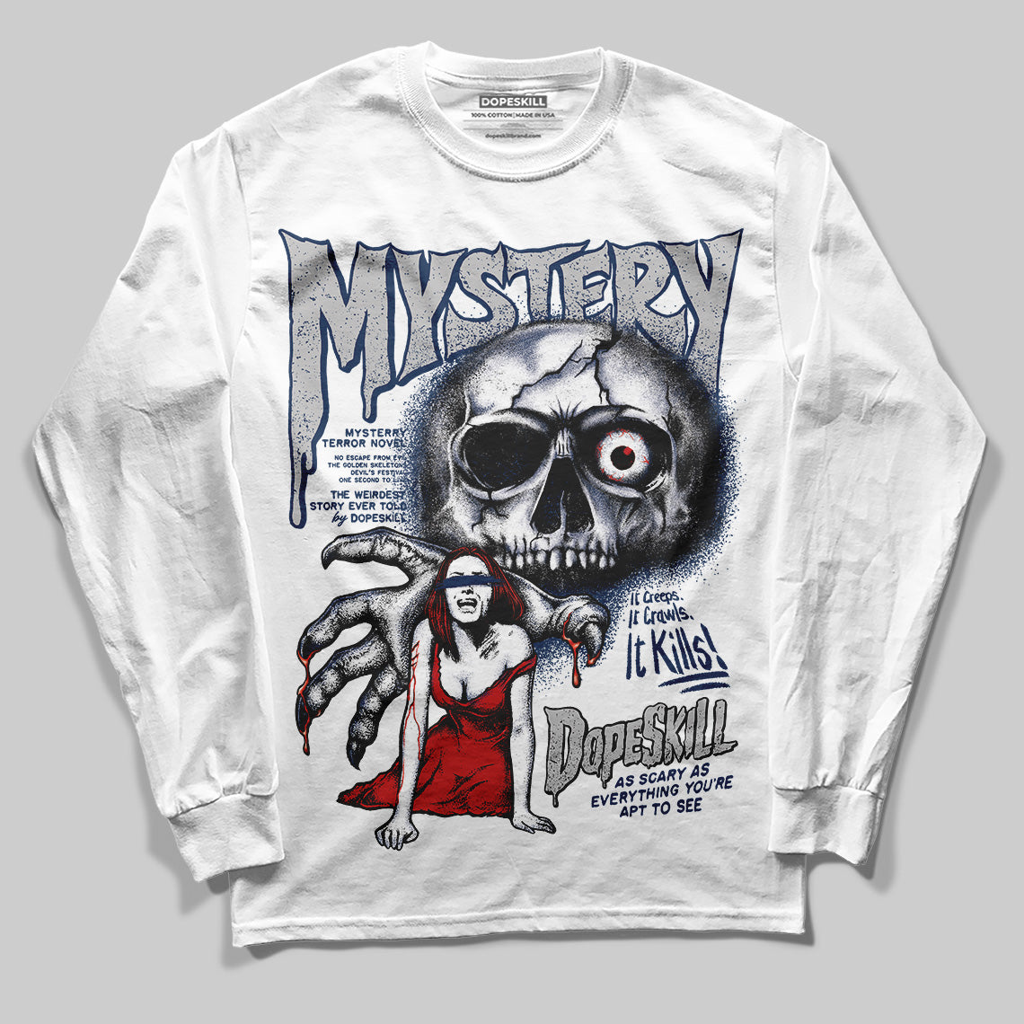Summit White Navy 4s DopeSkill Long Sleeve T-Shirt Mystery Ghostly Grasp Graphic