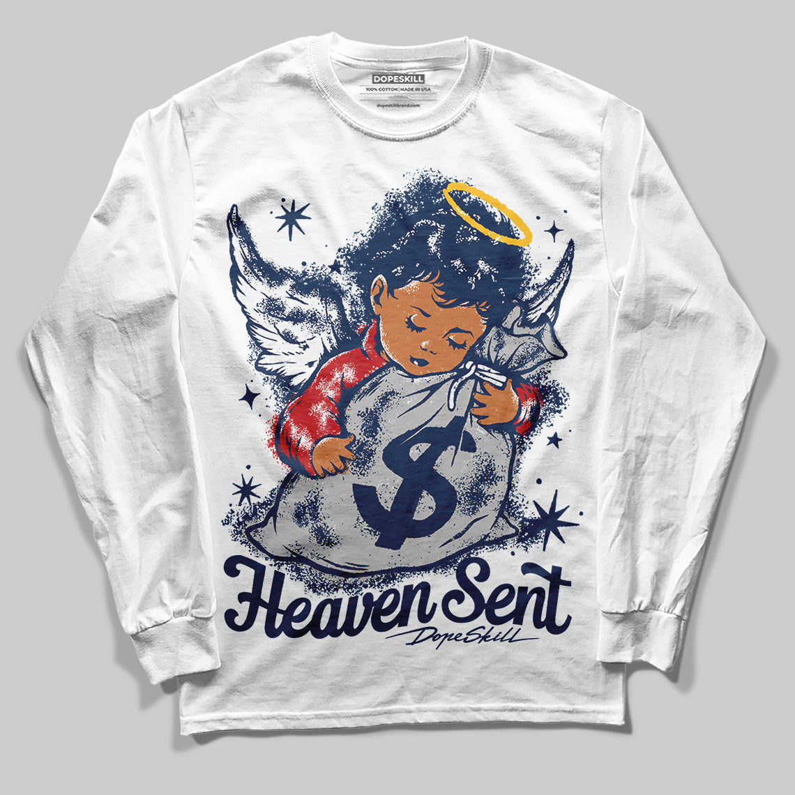 Summit White Navy 4s DopeSkill Long Sleeve T-Shirt Heaven Sent Graphic