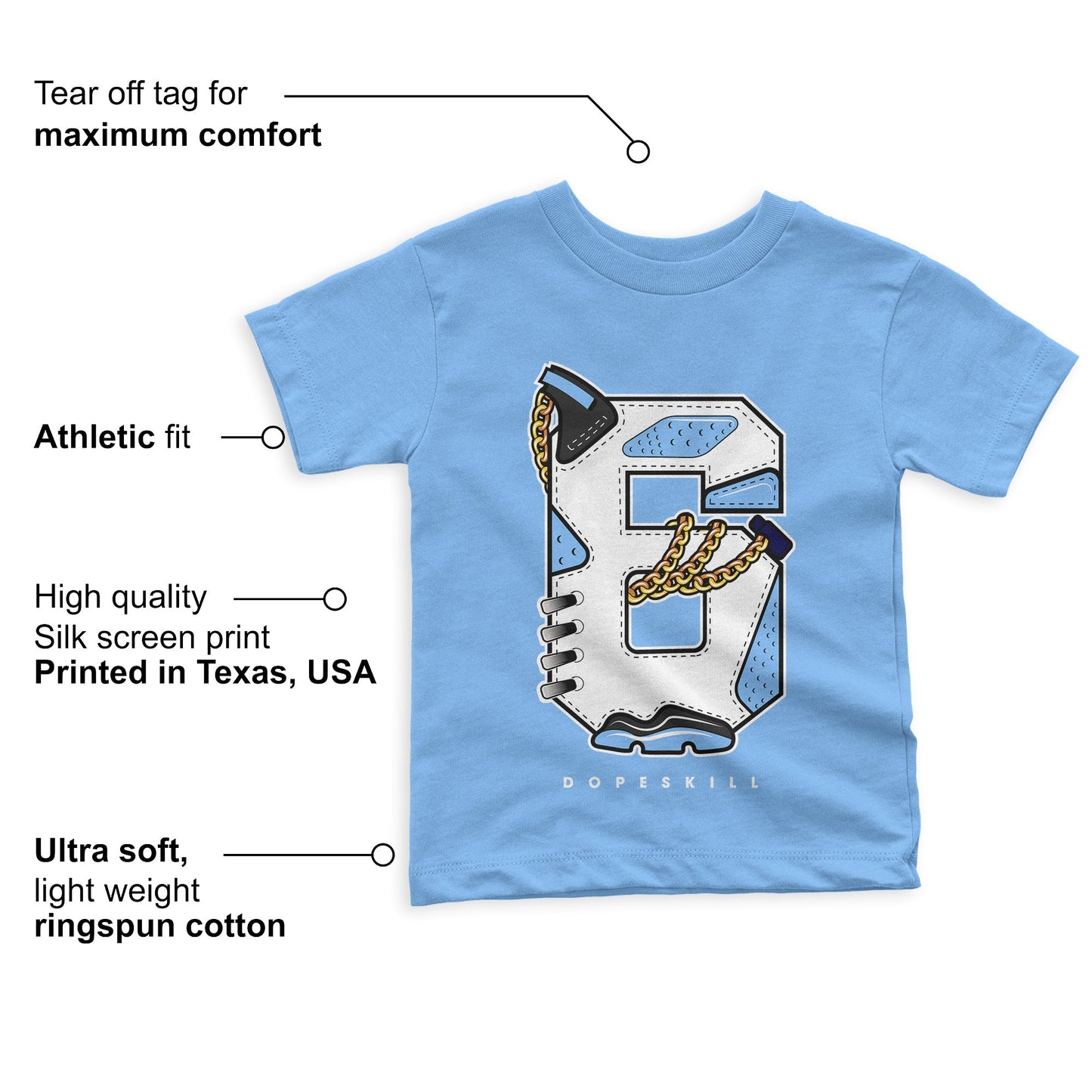 University Blue 6s DopeSkill Toddler Kids T-shirt Number No.6 Graphic - University Blue T-shirt