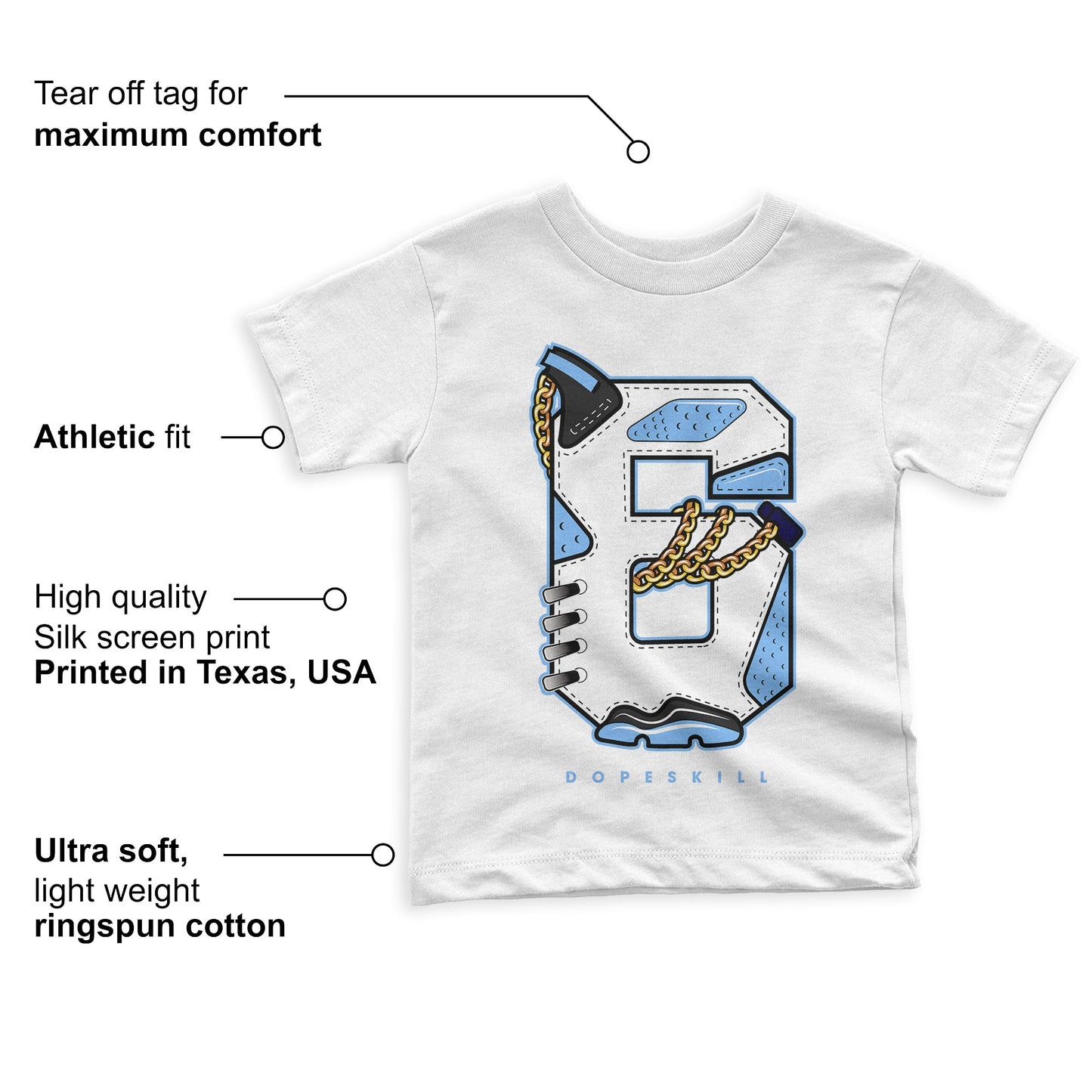 University Blue 6s DopeSkill Toddler Kids T-shirt Number No.6 Graphic
