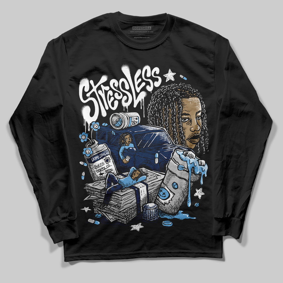 Summit White Navy 4s DopeSkill Long Sleeve T-Shirt Stressless Graphic
