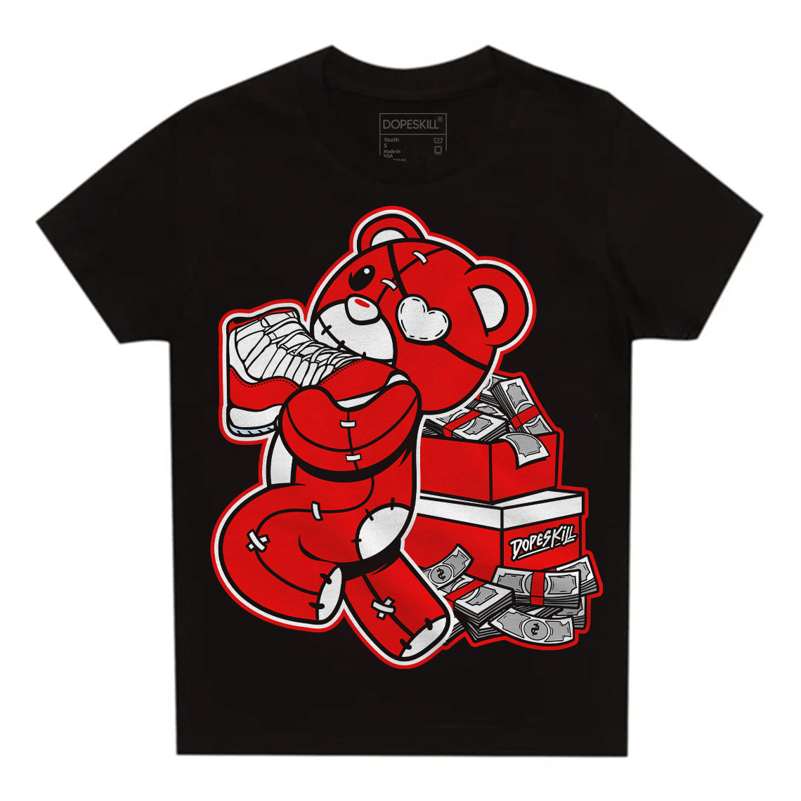 Cherry 11s DopeSkill Toddler Kids T-shirt Bear Steals Sneaker Graphic
