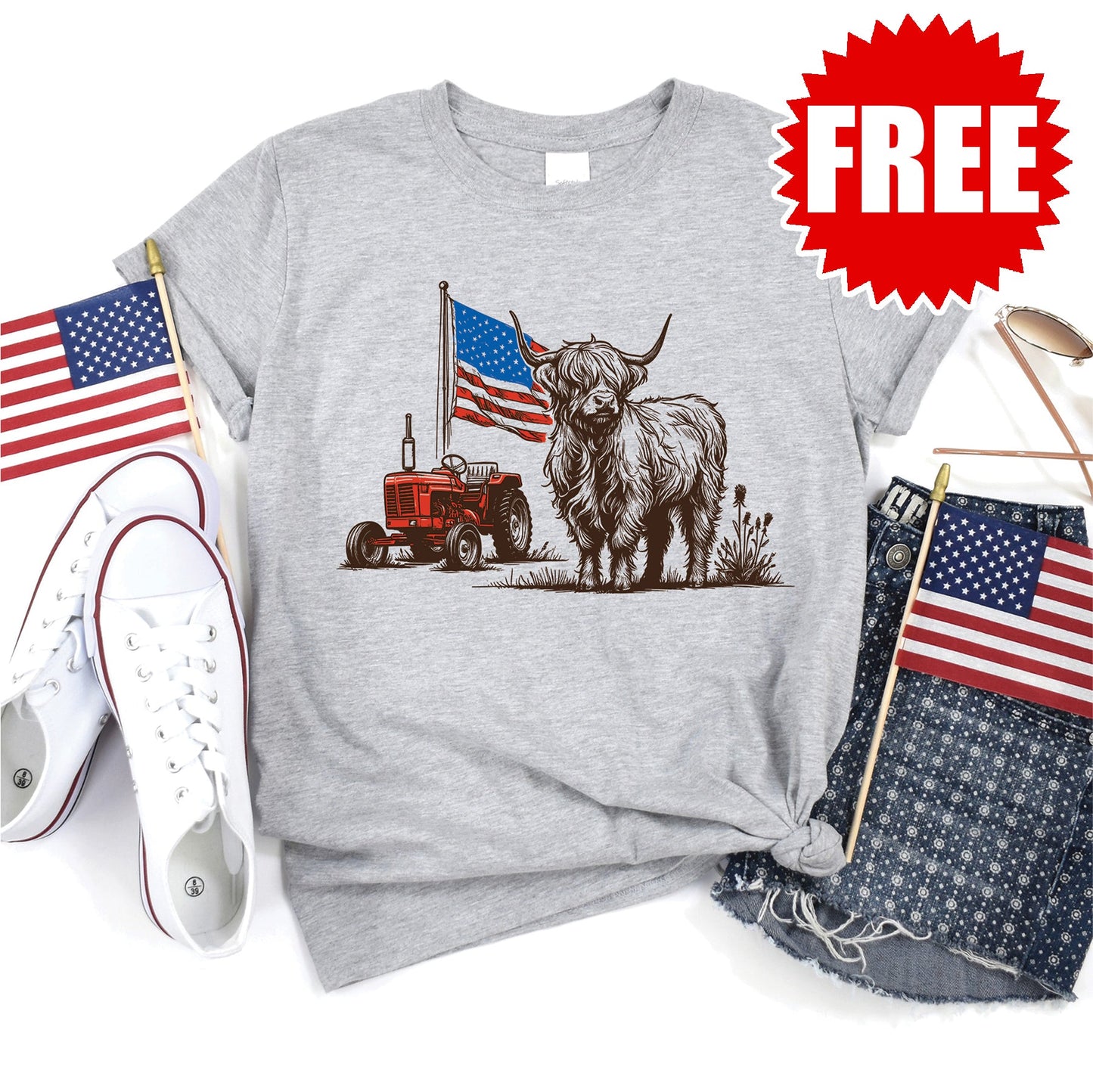 America Cow Tee - Heather Grey - 0