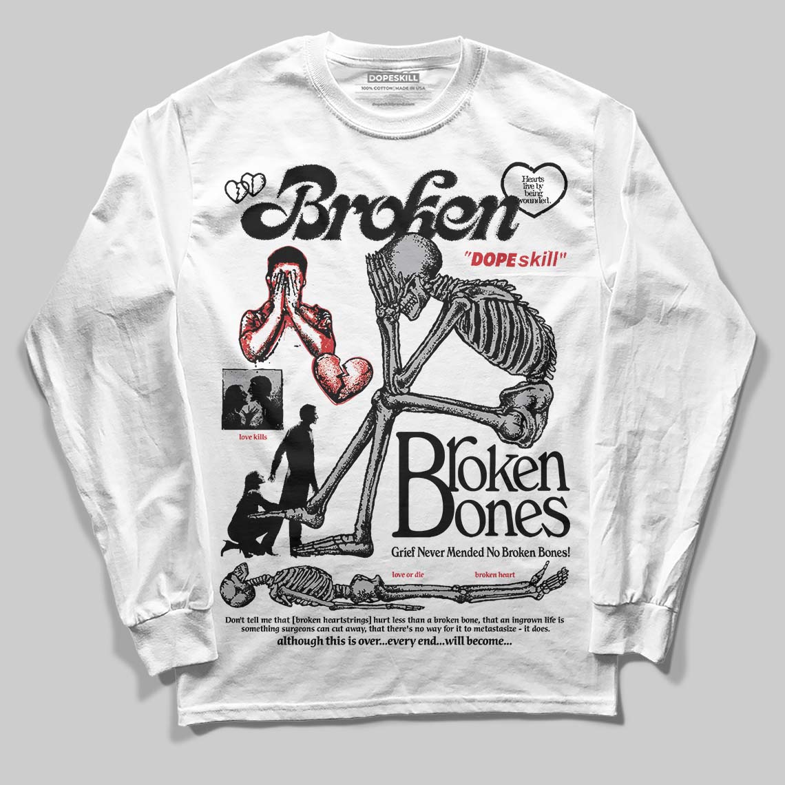 White Cement 4s DopeSkill Long Sleeve T-Shirt Broken Bones Graphic