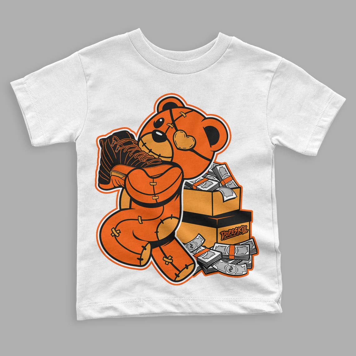 Brilliant Orange 12s DopeSkill Toddler Kids T-shirt Bear Steals Sneaker Graphic