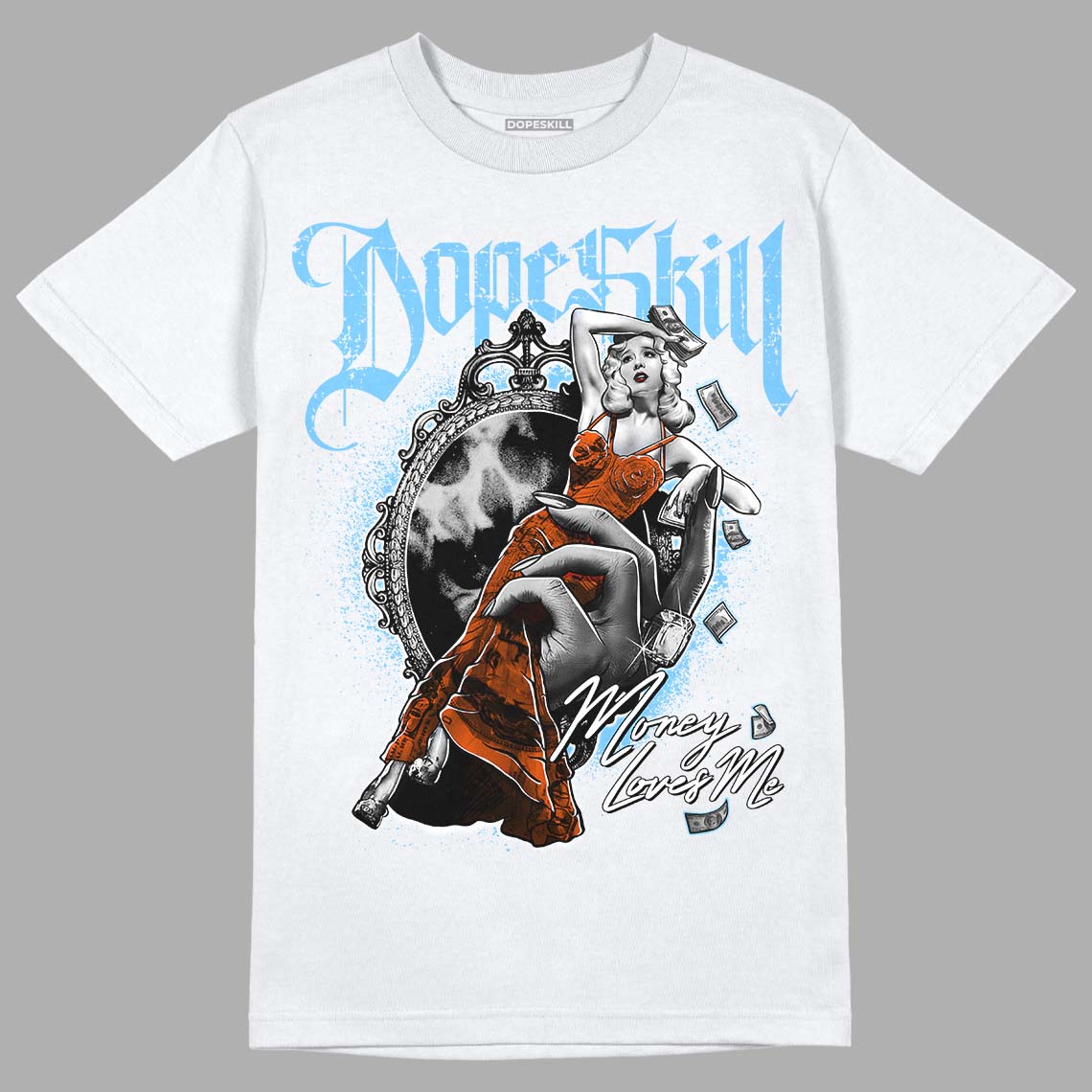 Dunk Low Futura University Blue DopeSkill T-Shirt Money Loves Me Graphic