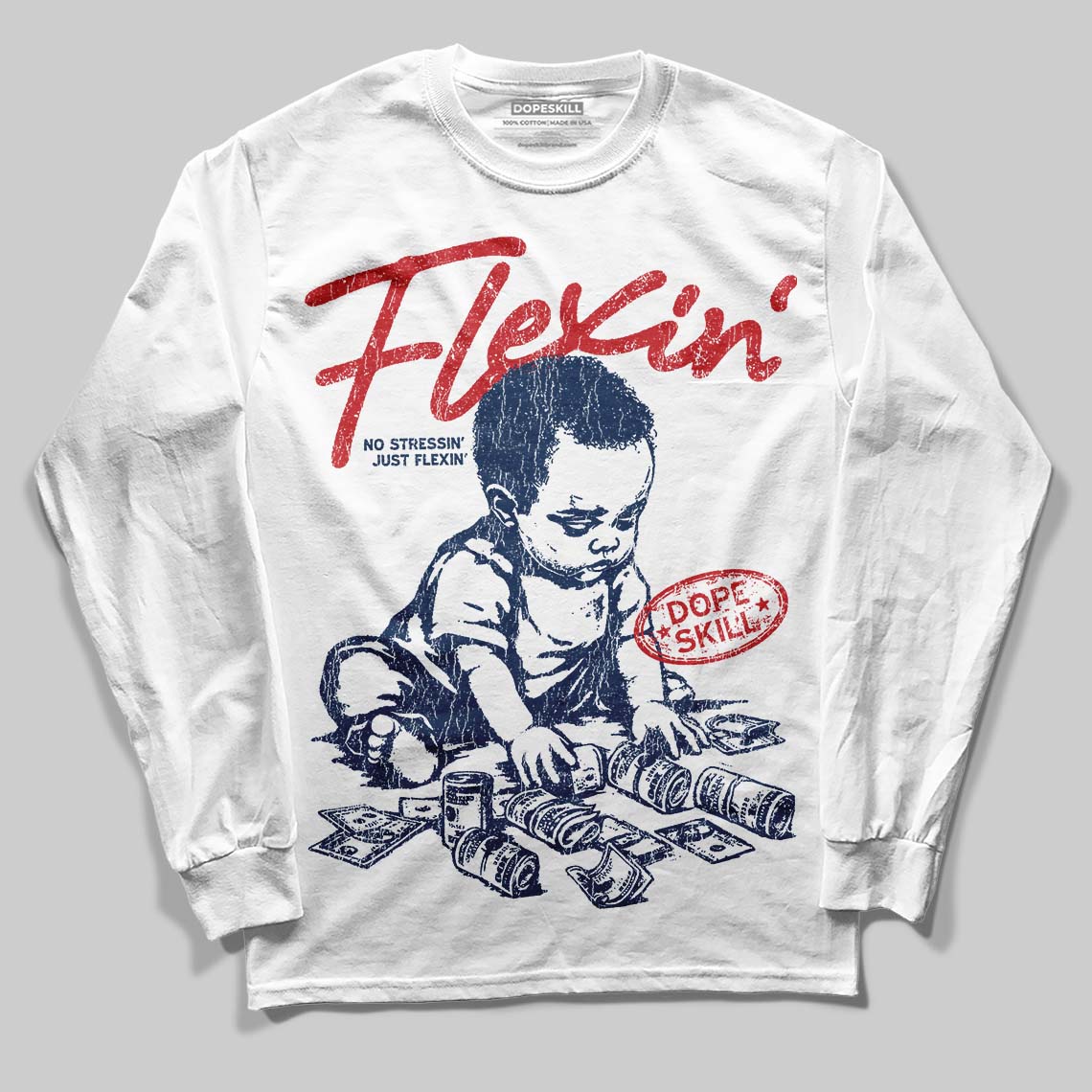Summit White Navy 4s DopeSkill Long Sleeve T-Shirt Flexin' Graphic