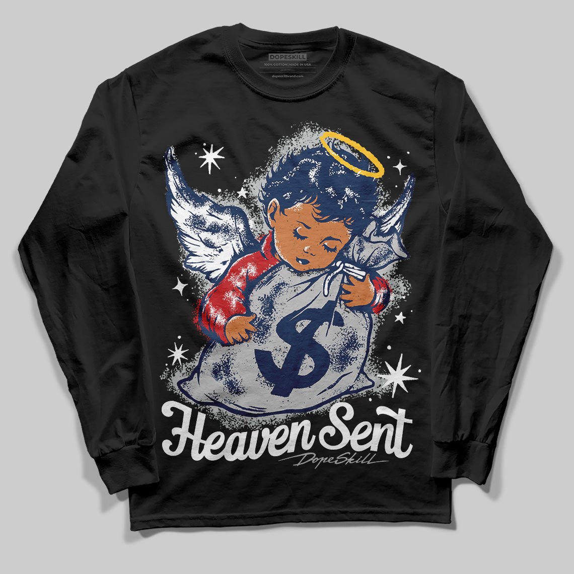 Summit White Navy 4s DopeSkill Long Sleeve T-Shirt Heaven Sent Graphic