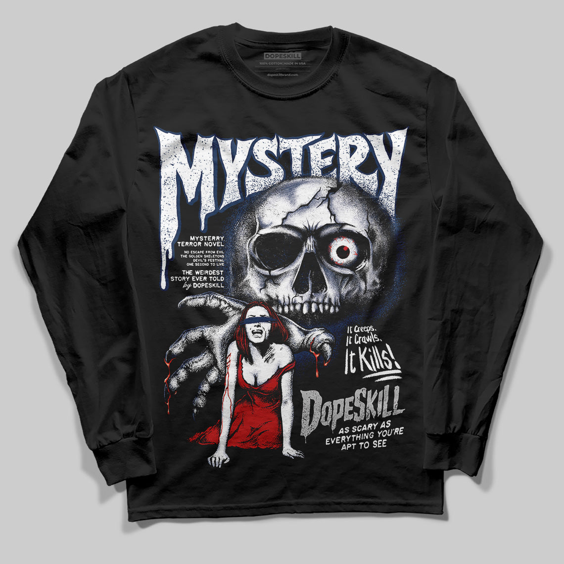 Summit White Navy 4s DopeSkill Long Sleeve T-Shirt Mystery Ghostly Grasp Graphic